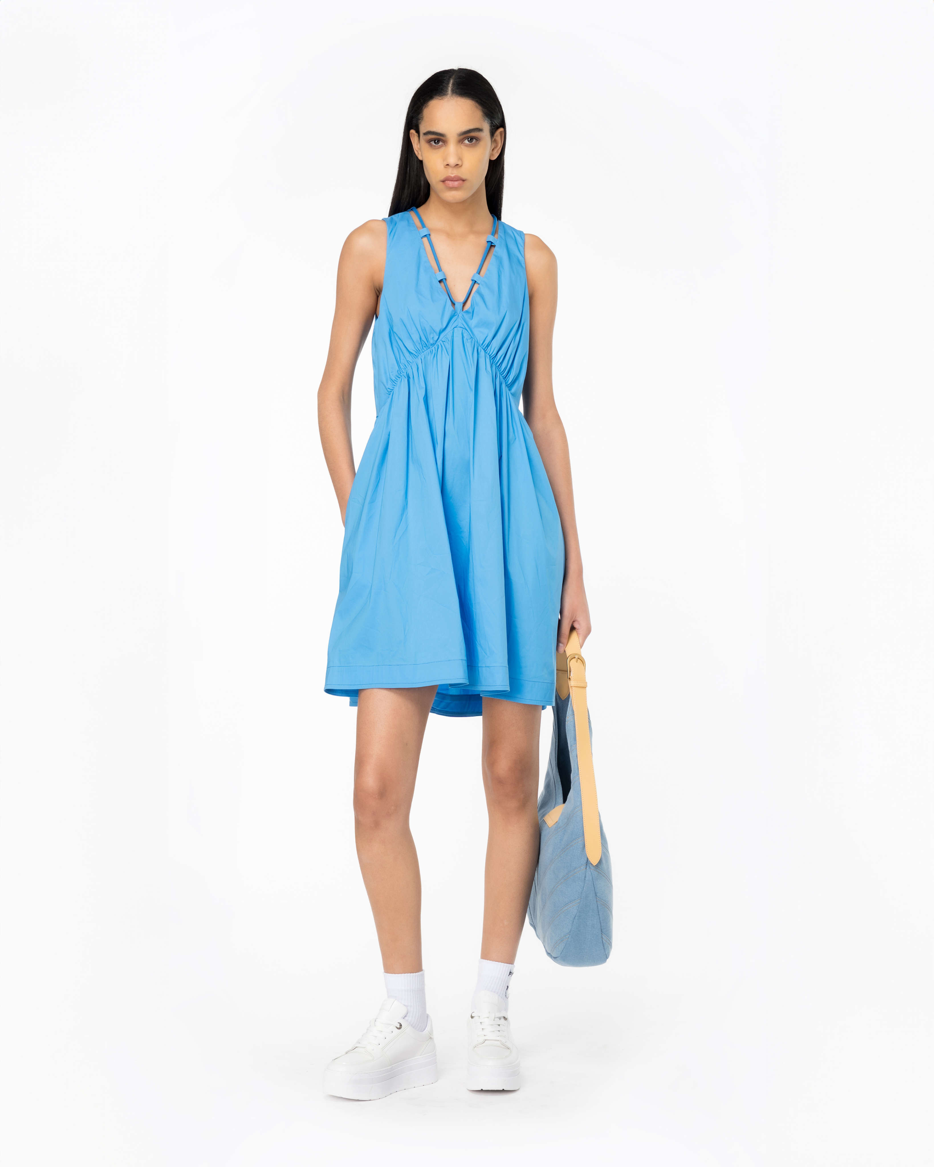 Shop Pinko Technical Poplin Mini Dress In Azzurro Cielo