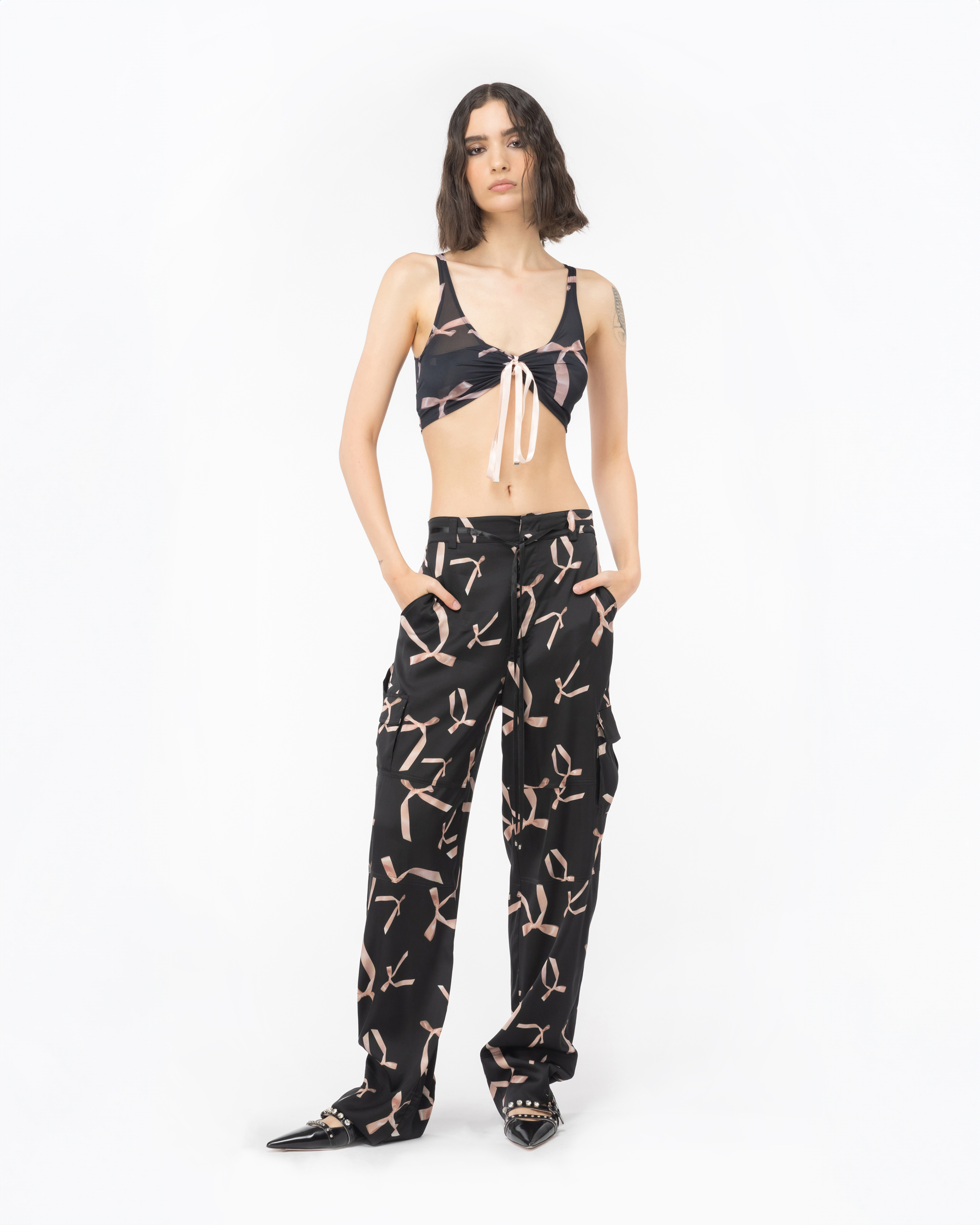 Shop Pinko Reimagine Bow-print Crop Top By Patrick Mcdowell In Black/pink