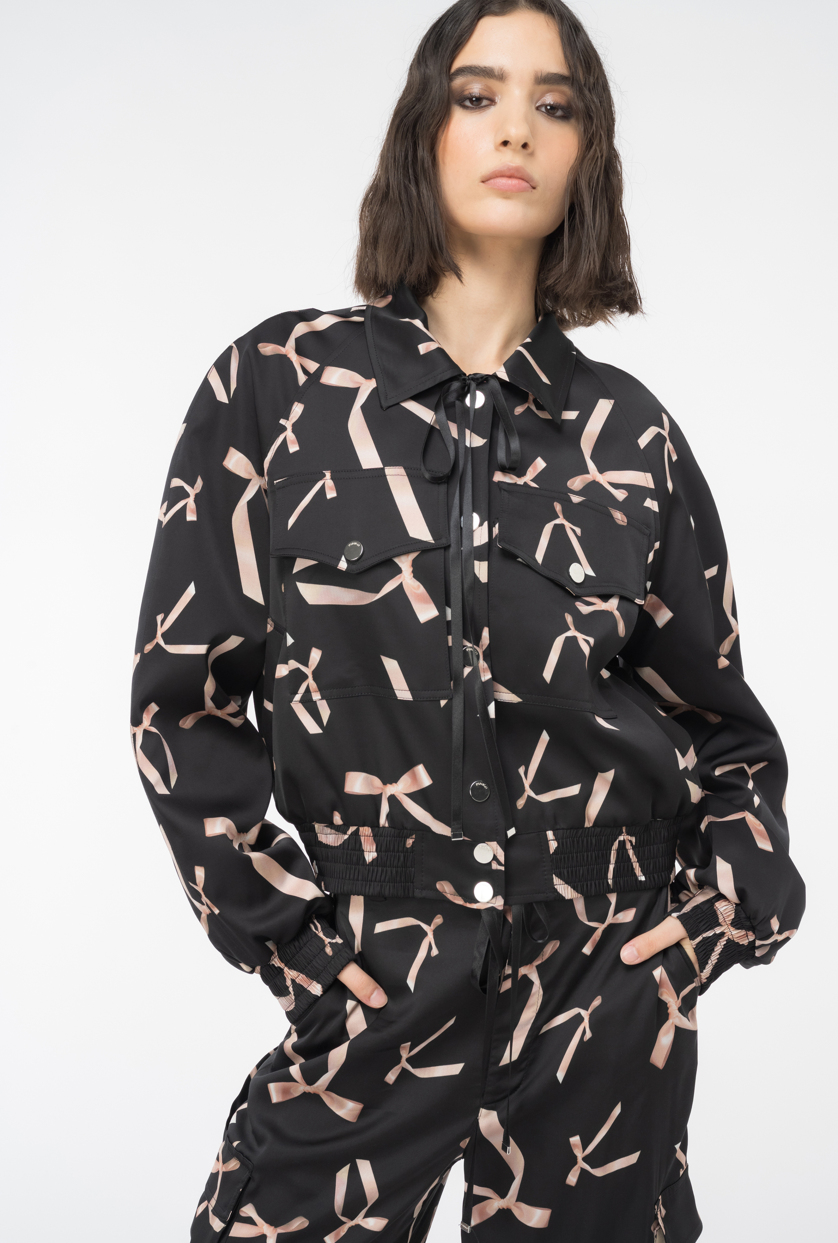 Shop Pinko Reimagine Bow-print Satin Bomber Jacket By Patrick Mcdowell In Noir/rose