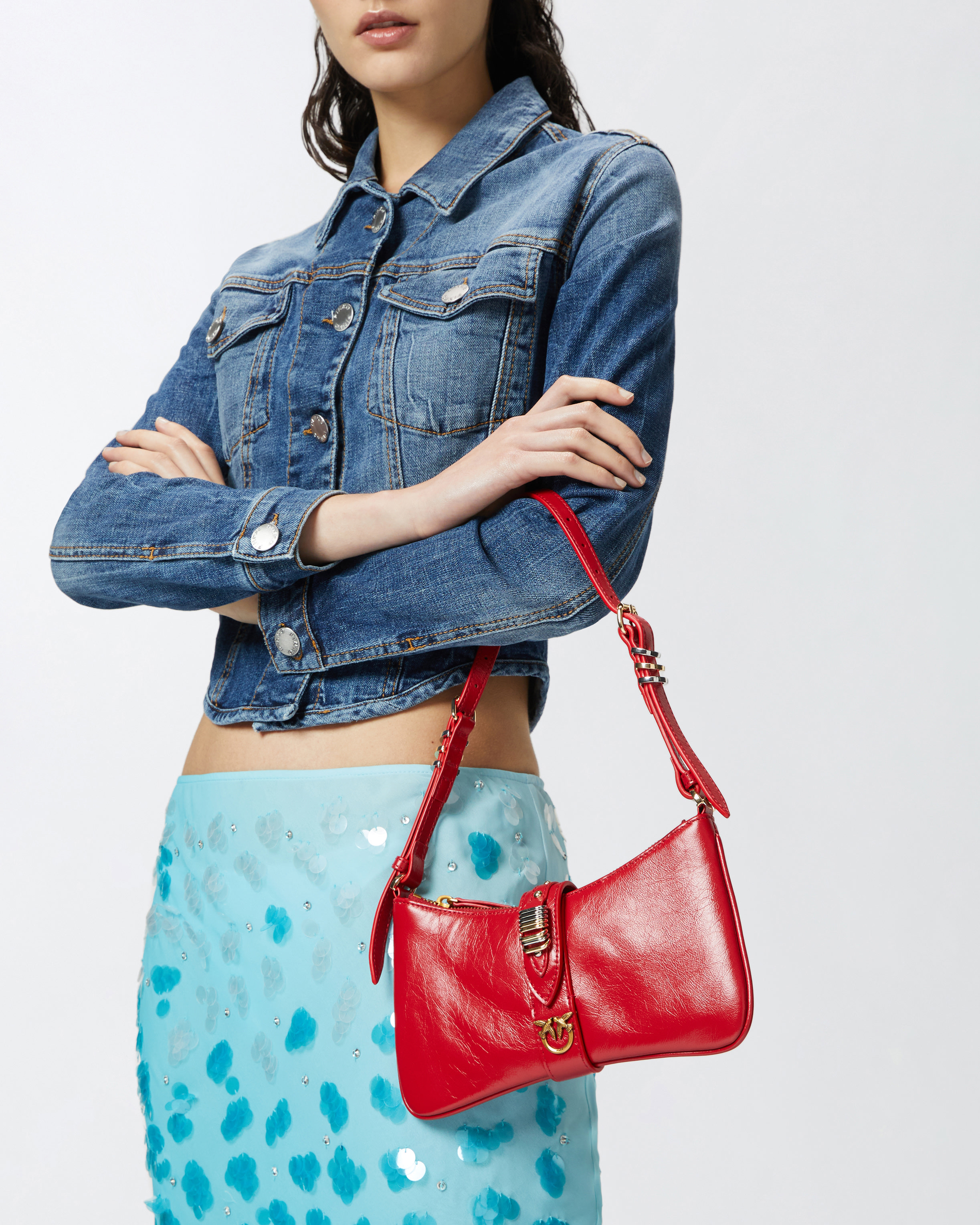 Pinko Shiny Leather Shoulder Bag With Rings In Rouge-or Antique