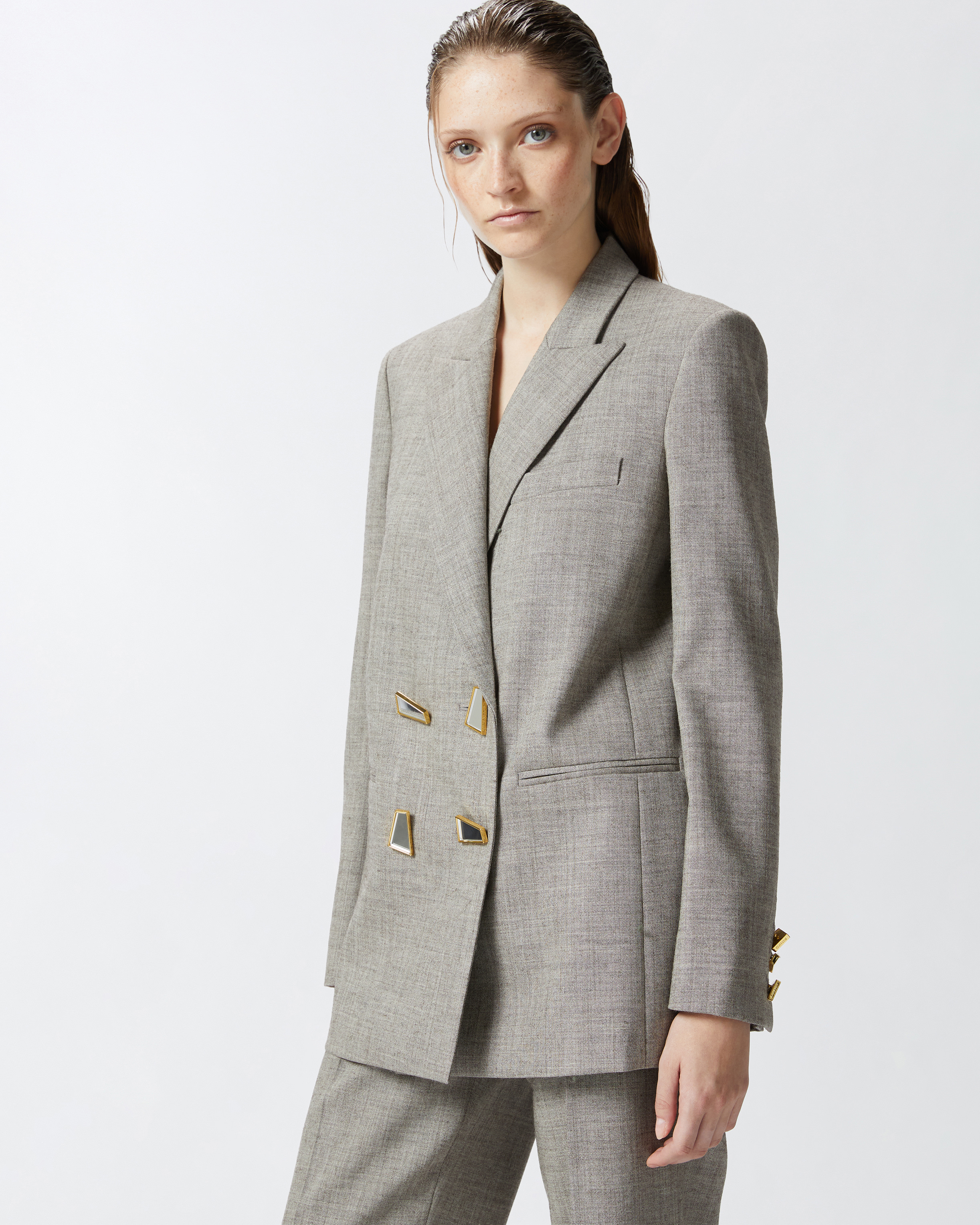 Pinko Cool Wool Blazer With Geometric Buttons In Beige Argile
