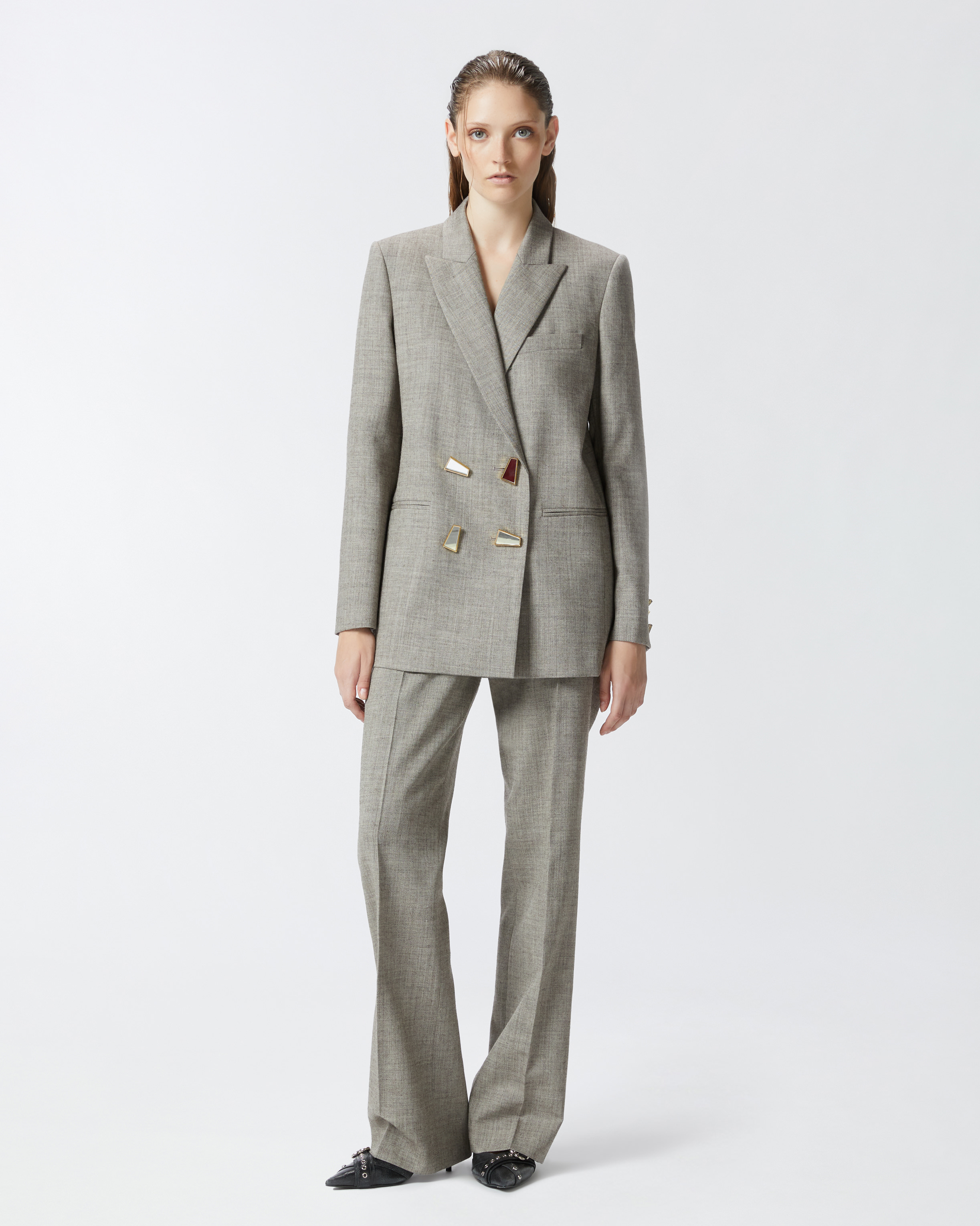 Pinko Cool Wool Blazer With Geometric Buttons In Beige Argile