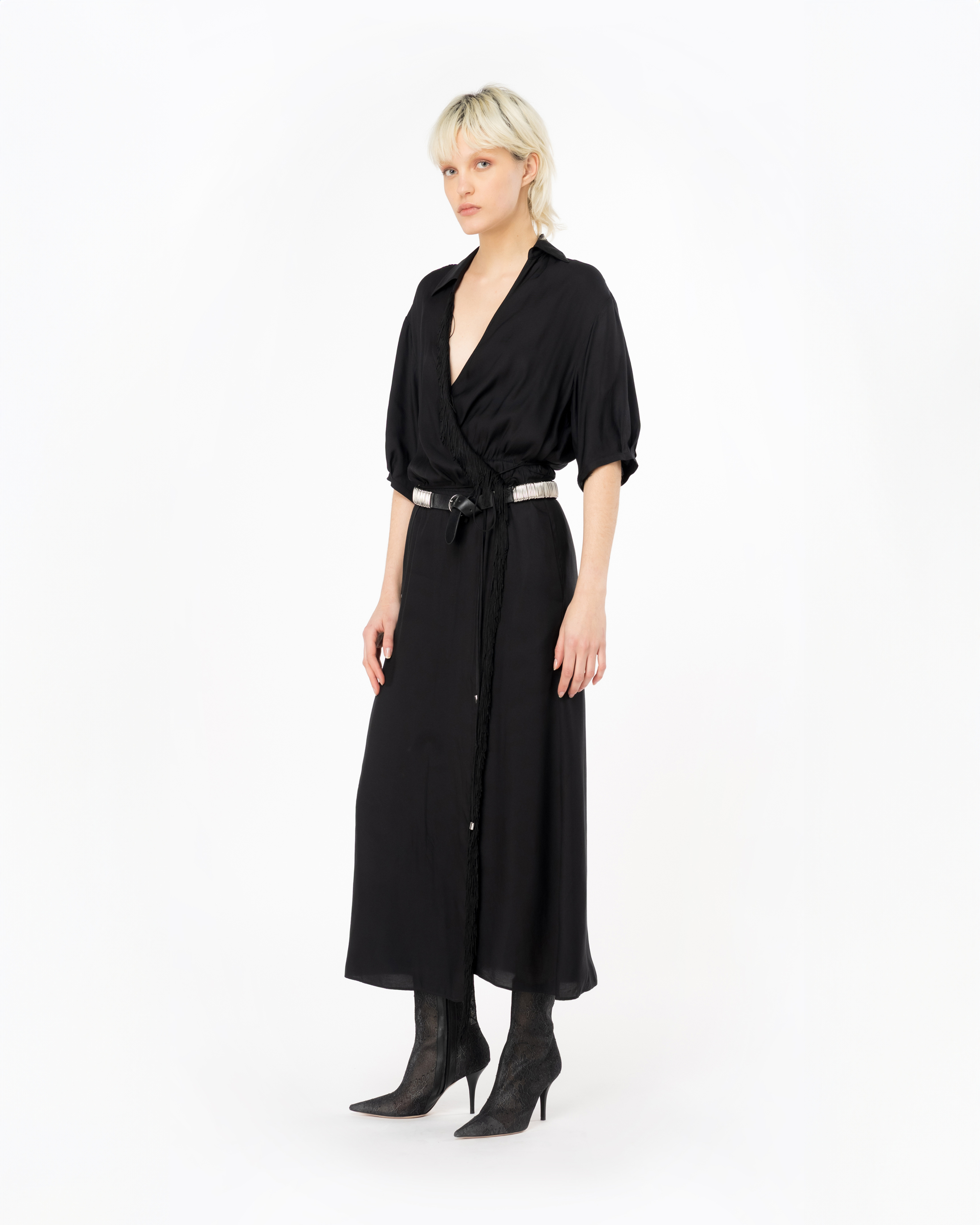 Shop Pinko Maxi Robe En Twill À Franges In Limo Black