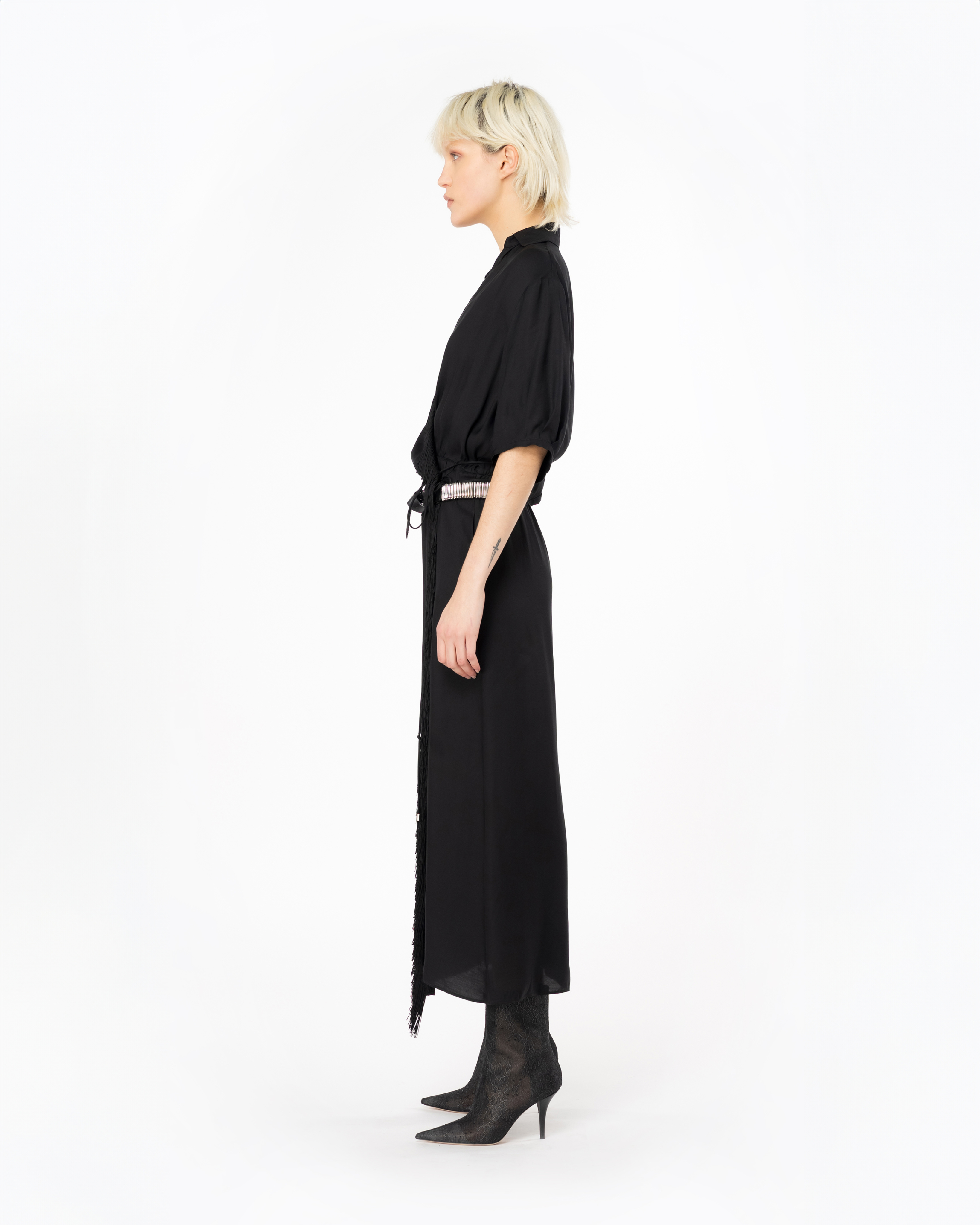 Shop Pinko Maxi Robe En Twill À Franges In Limo Black