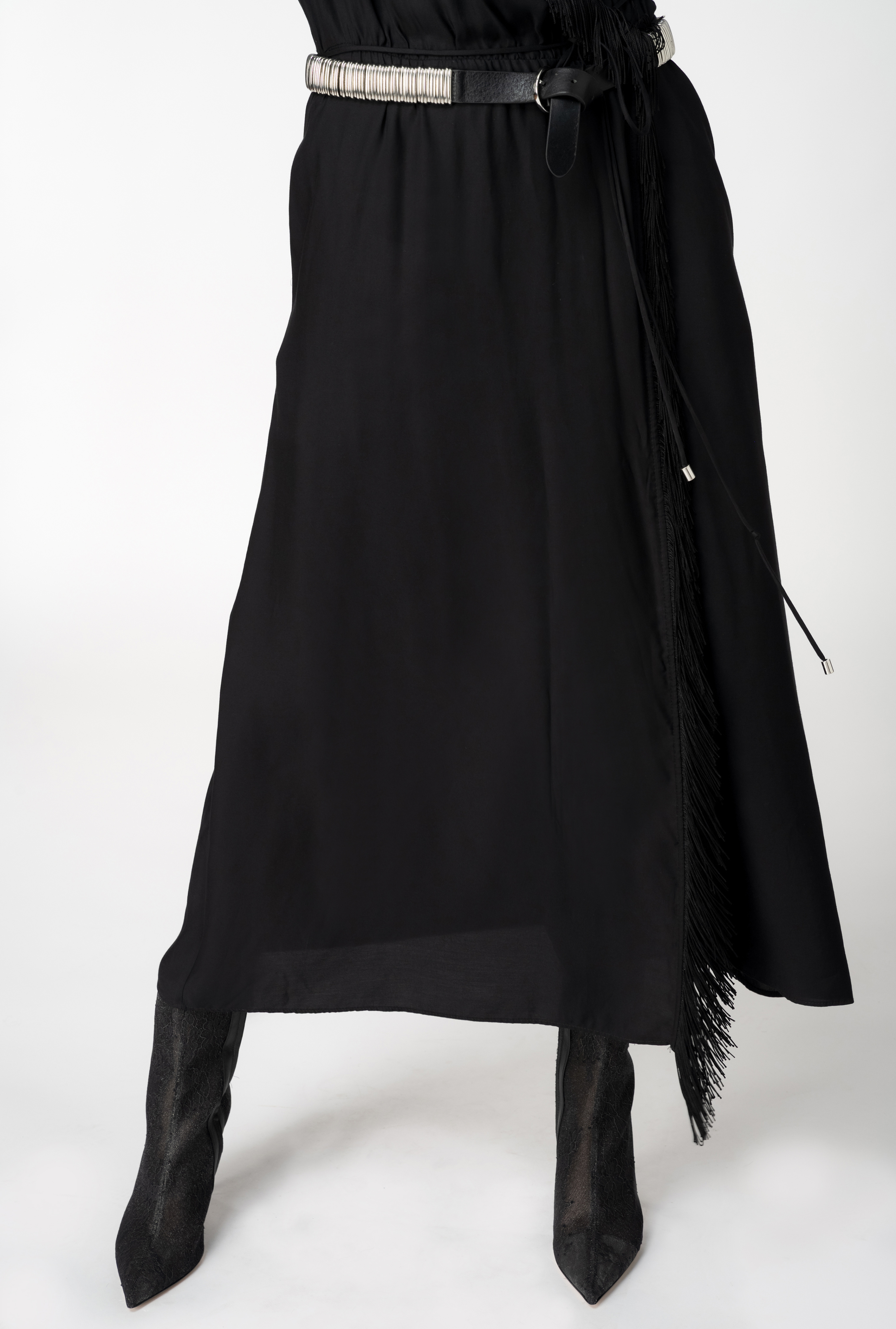 Shop Pinko Twill Maxi Dress With Fringing In Limo Black