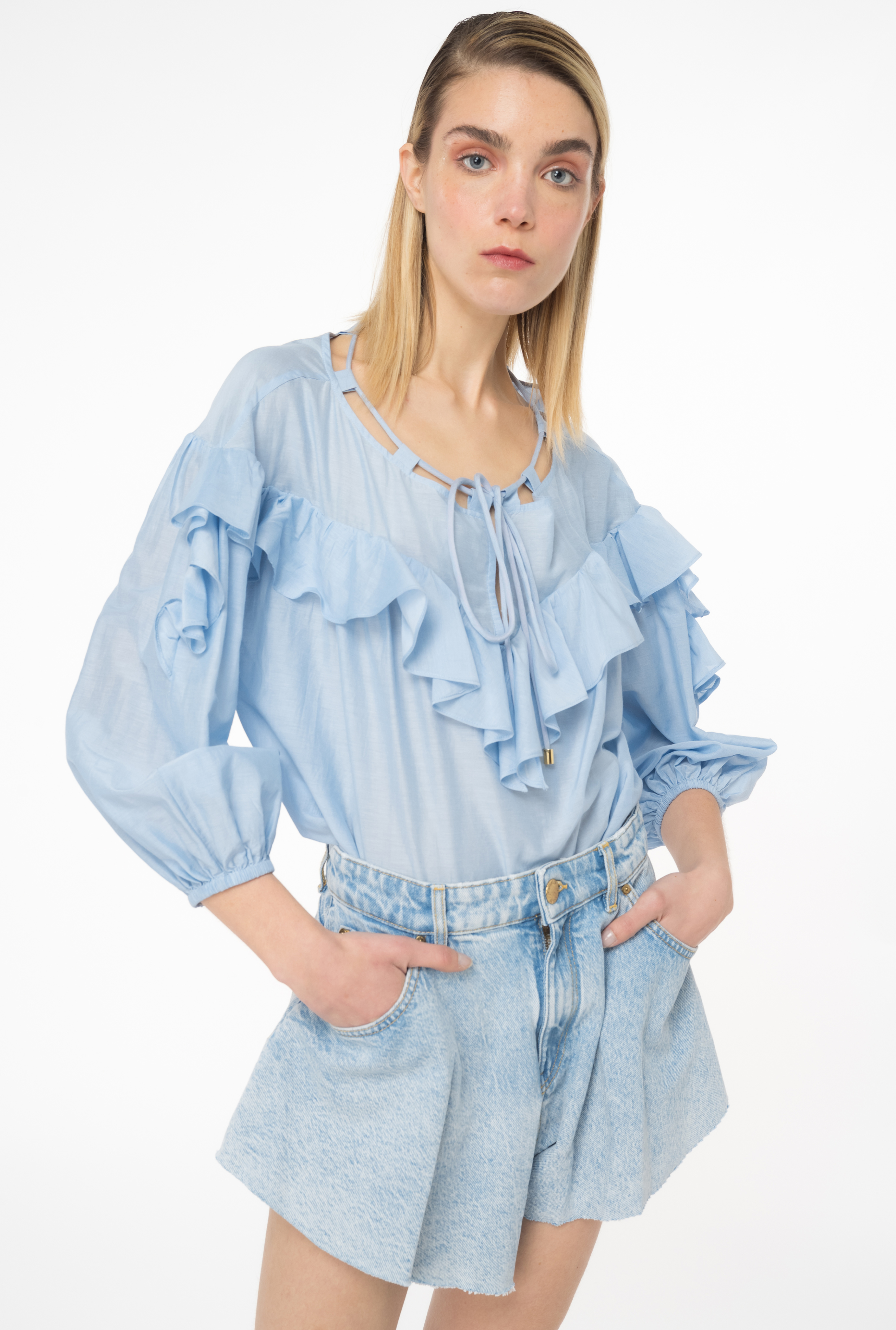 Shop Pinko Blouse With Maxi Flounce In Tranquil Blue