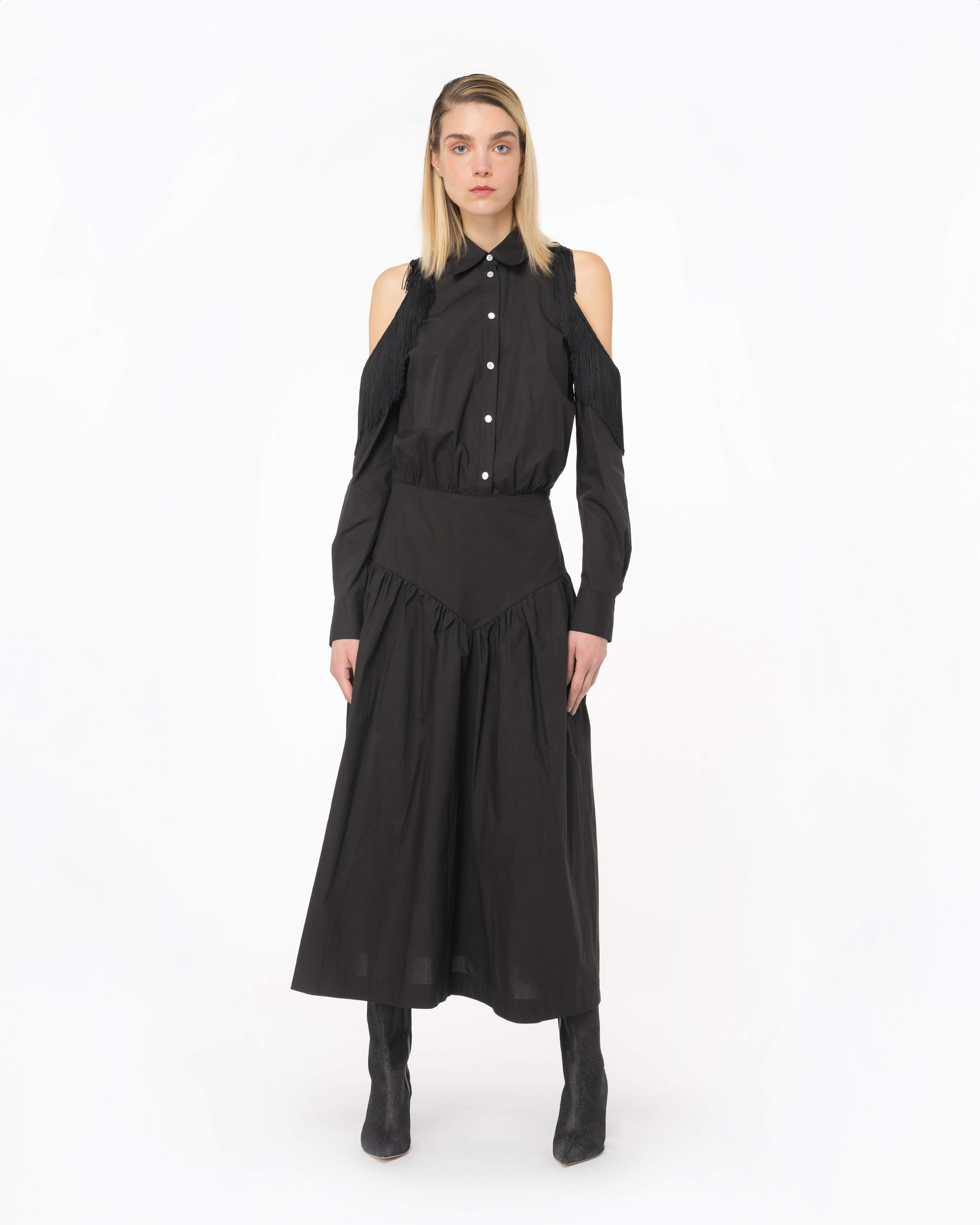 Shop Pinko Shirt Dress With Open Shoulders And Fringing In Limo Black