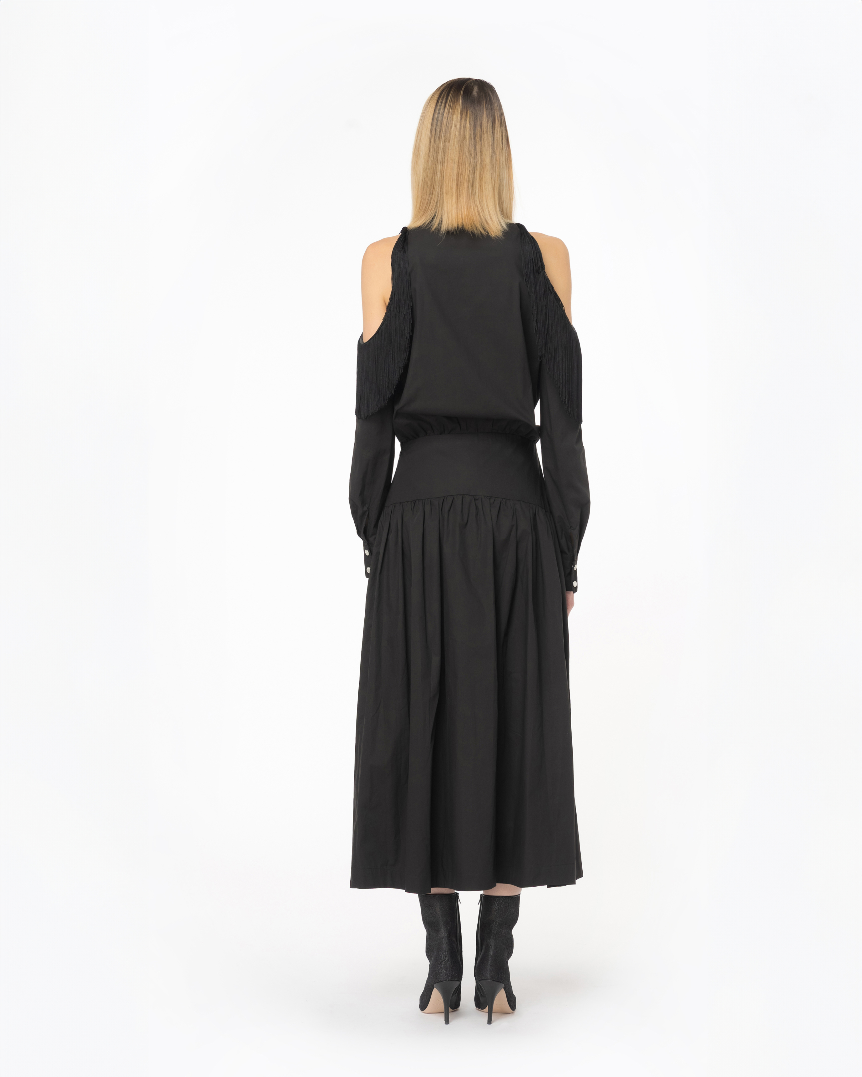 Shop Pinko Shirt Dress With Open Shoulders And Fringing In Limo Black