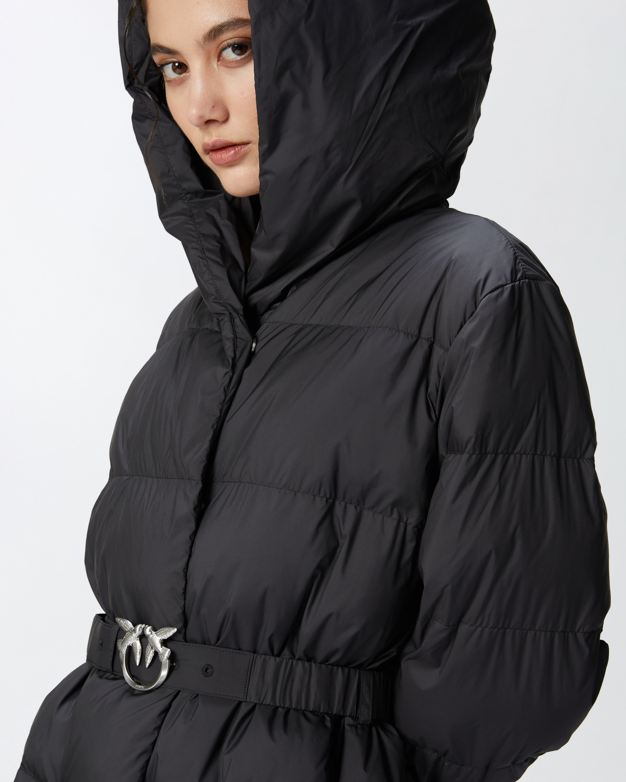 Pinko Padded Caban Down Jacket In Technical Canvas With Belt In Limo Black