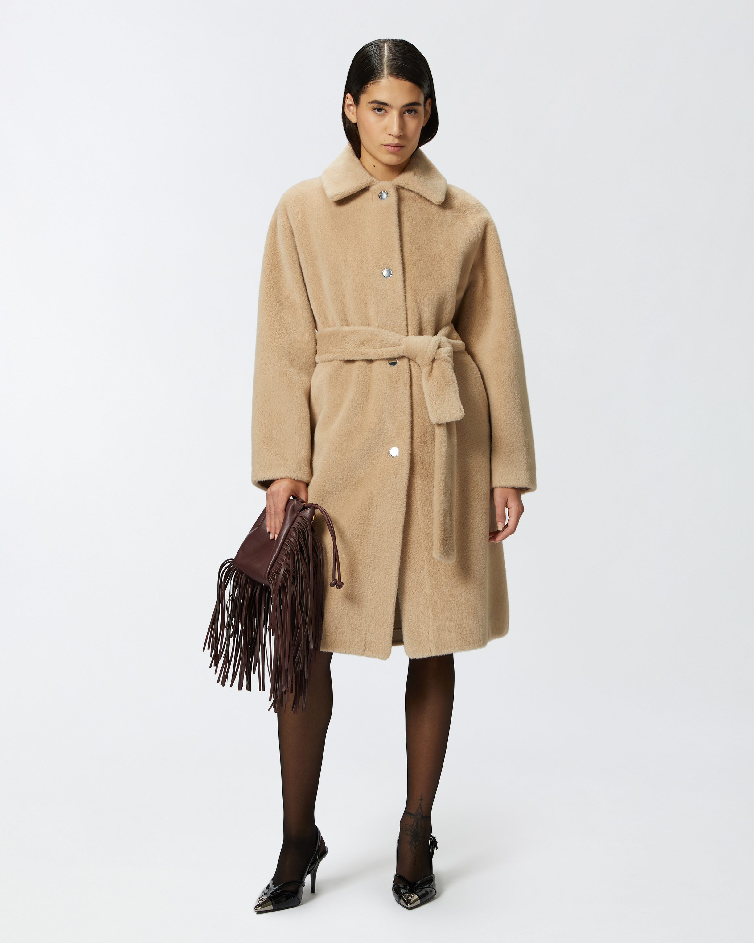 Short fur-effect coat with belt PINKO → Shop Online Short fur-effect coat with belt PINKO → Shop Online