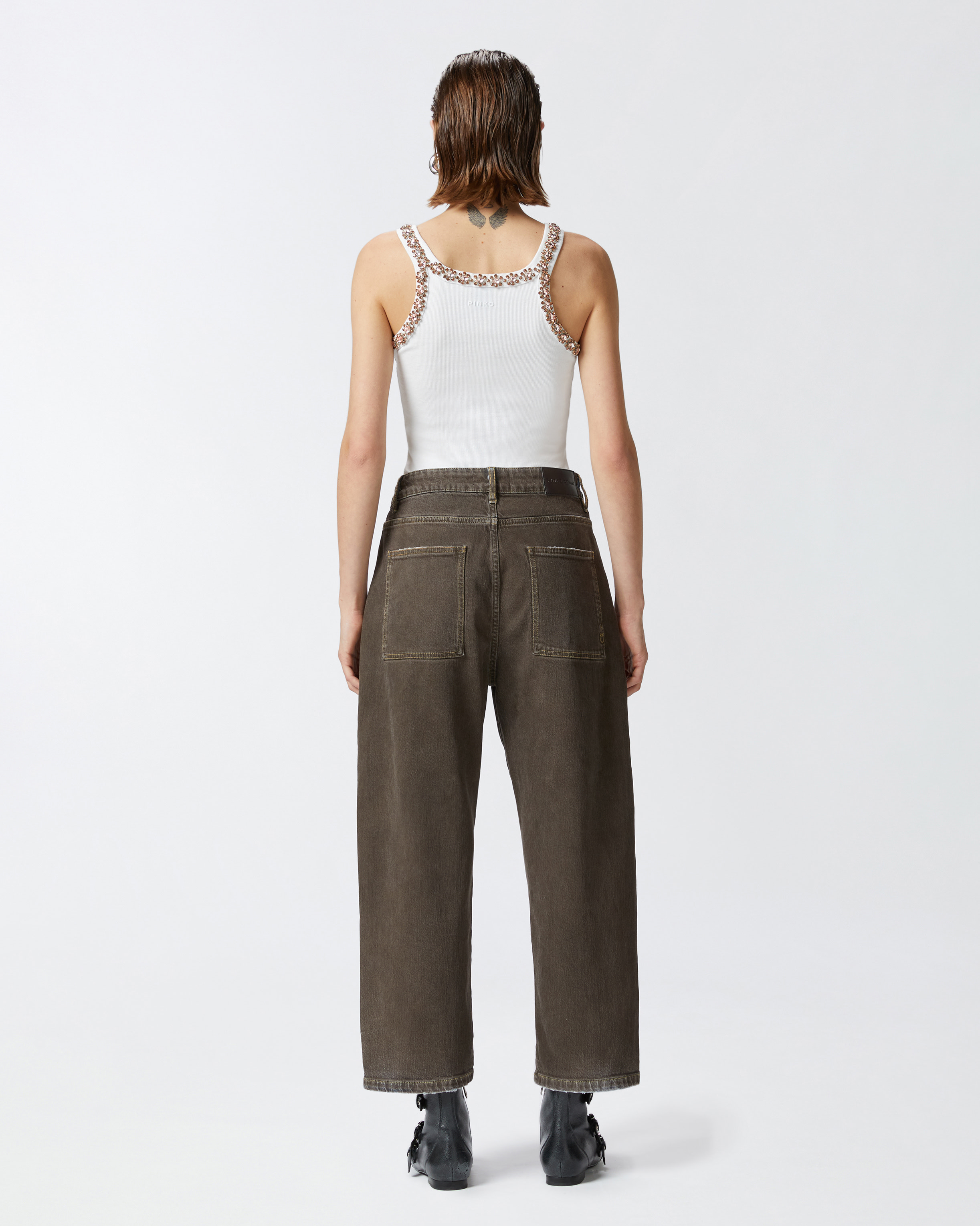 Pinko Jeans Larghi In Denim Spray Marrone In Marron/noir
