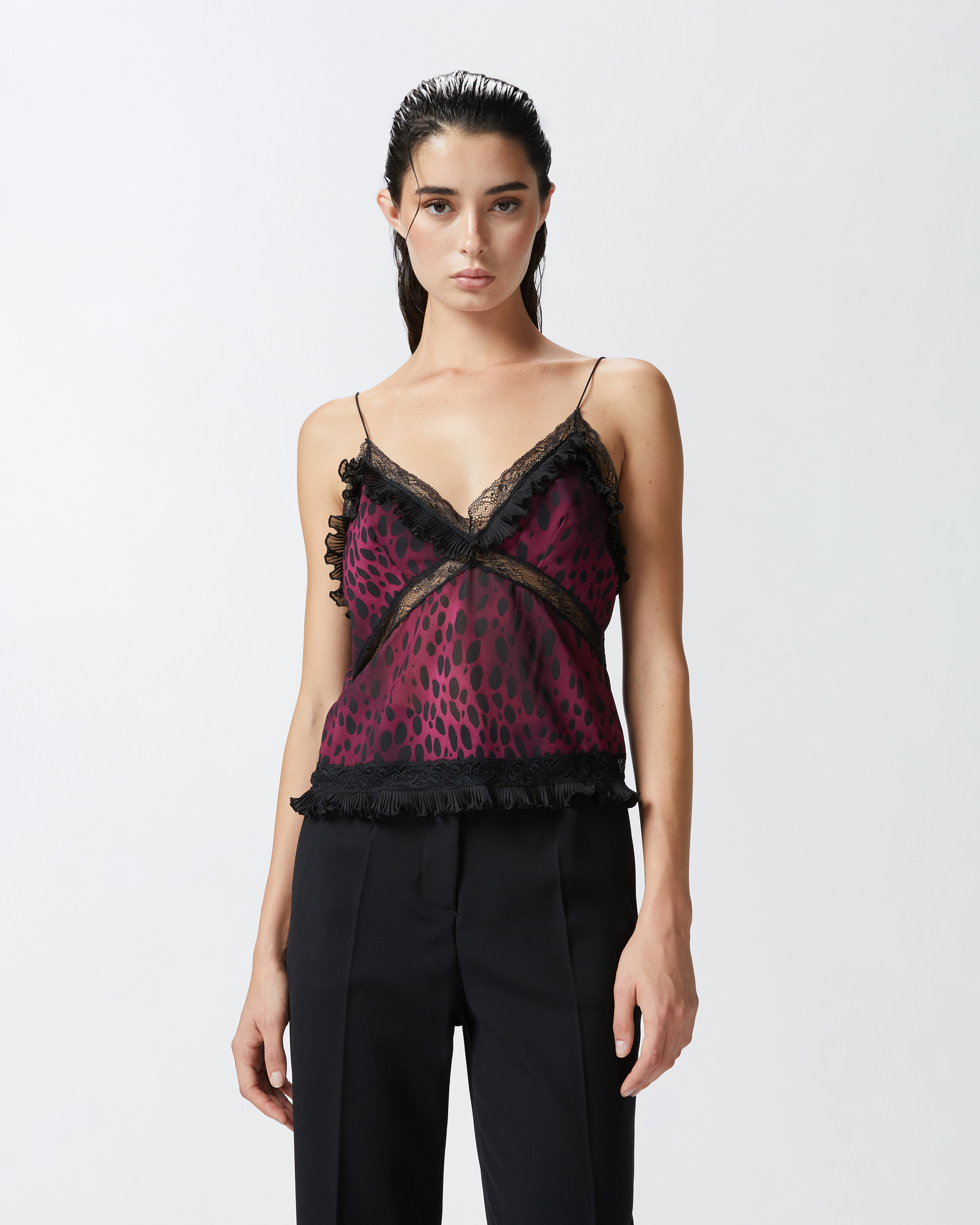 Легкий топ с леопардовым принтом и кружевной отделкой - ЧЕРНЫЙ, multicolor, КРАСНЫЙ - large