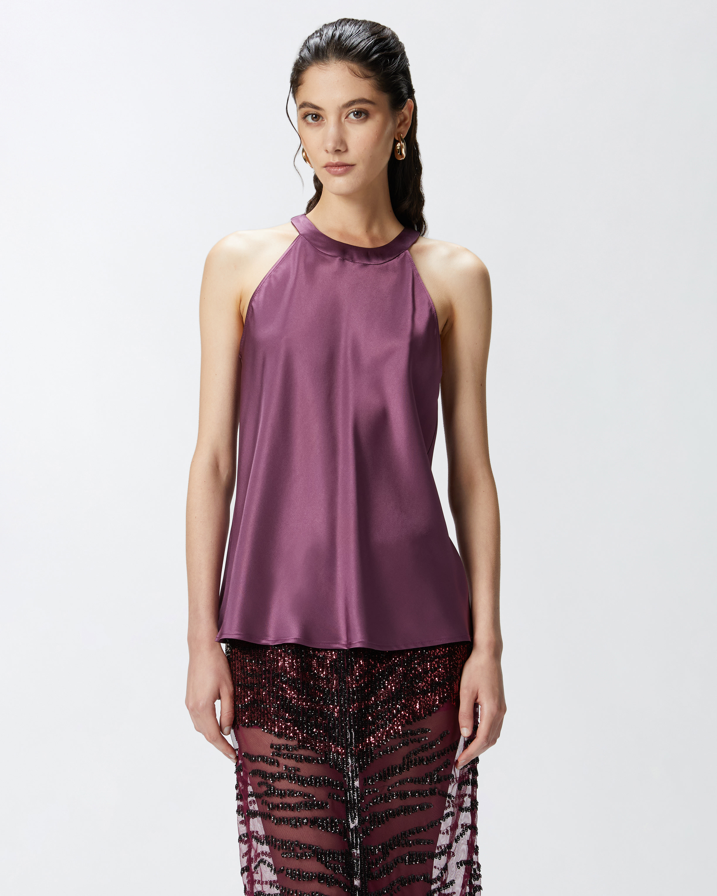 Pinko Satin And Georgette Top With Bow In Grape Wine