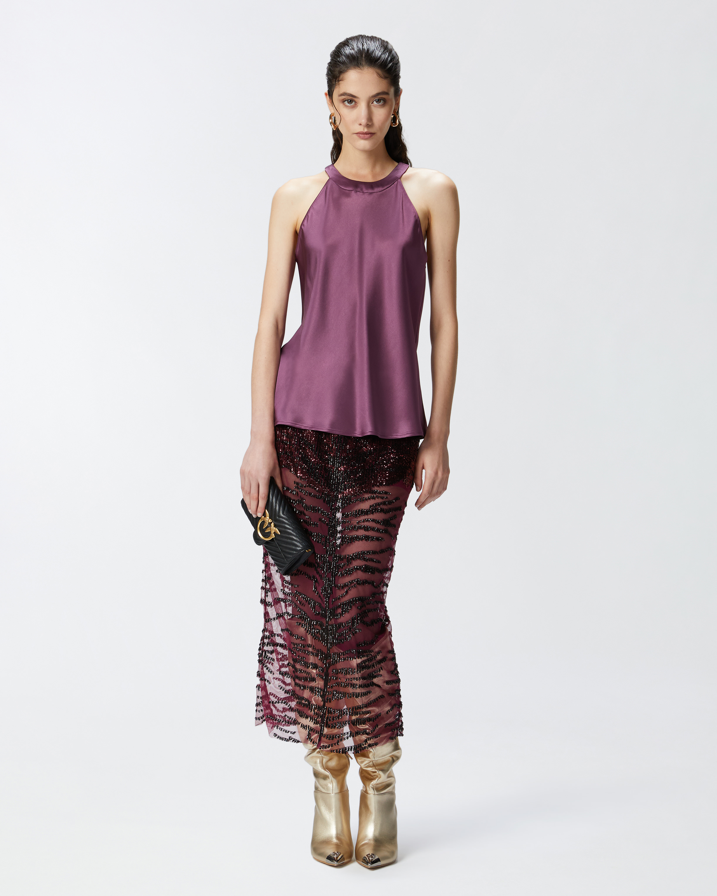 Pinko Satin And Georgette Top With Bow In Grape Wine