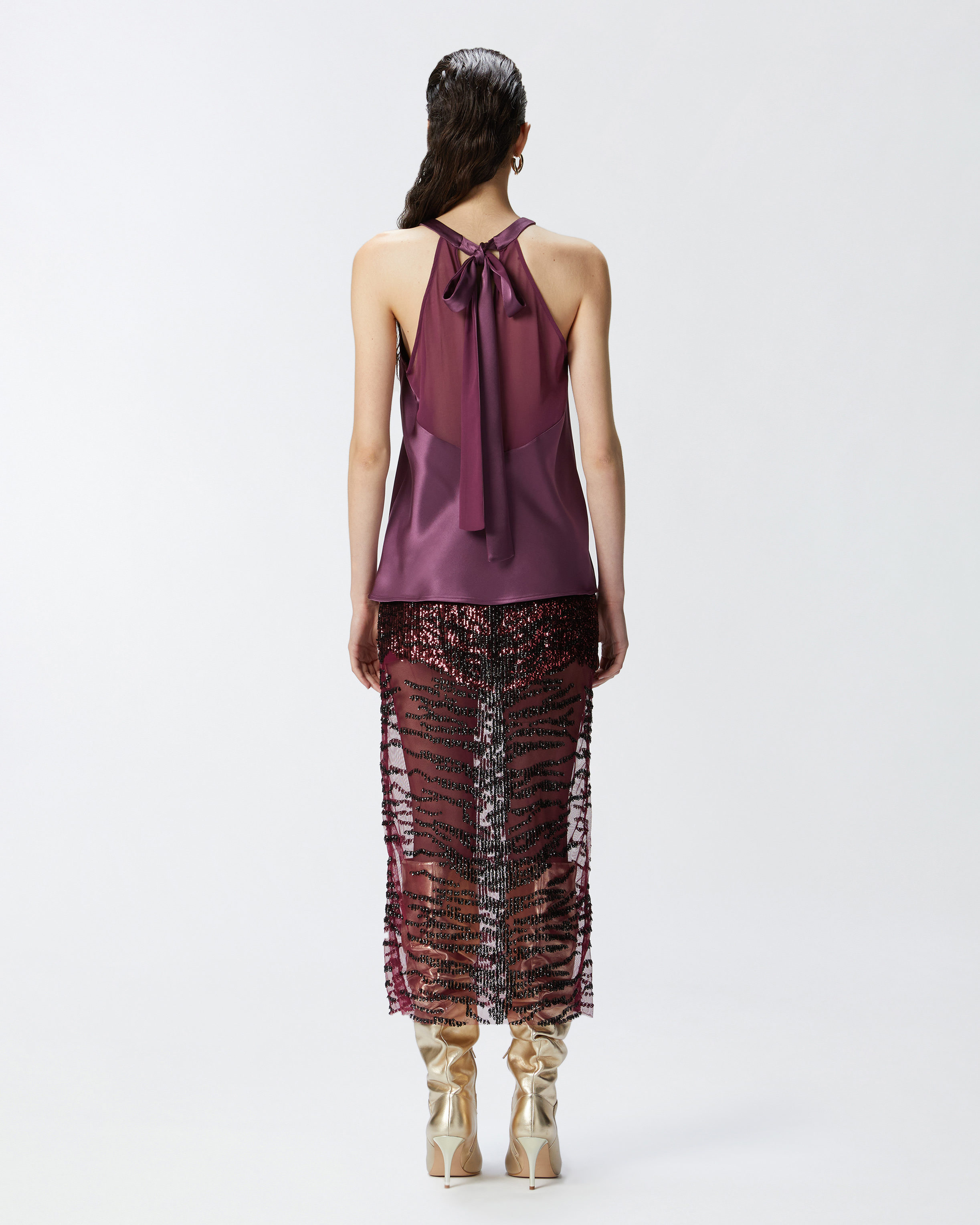 Pinko Satin And Georgette Top With Bow In Grape Wine