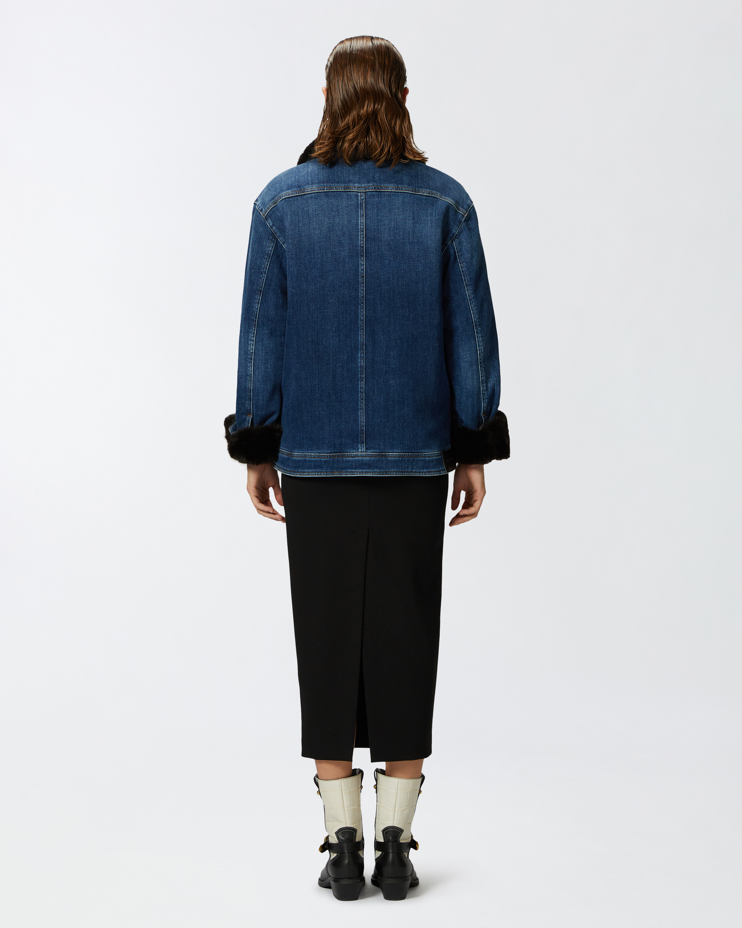 Pinko Blue Denim Overshirt Jacket With Fur-effect Collar In Medium Dark Vintage Wash