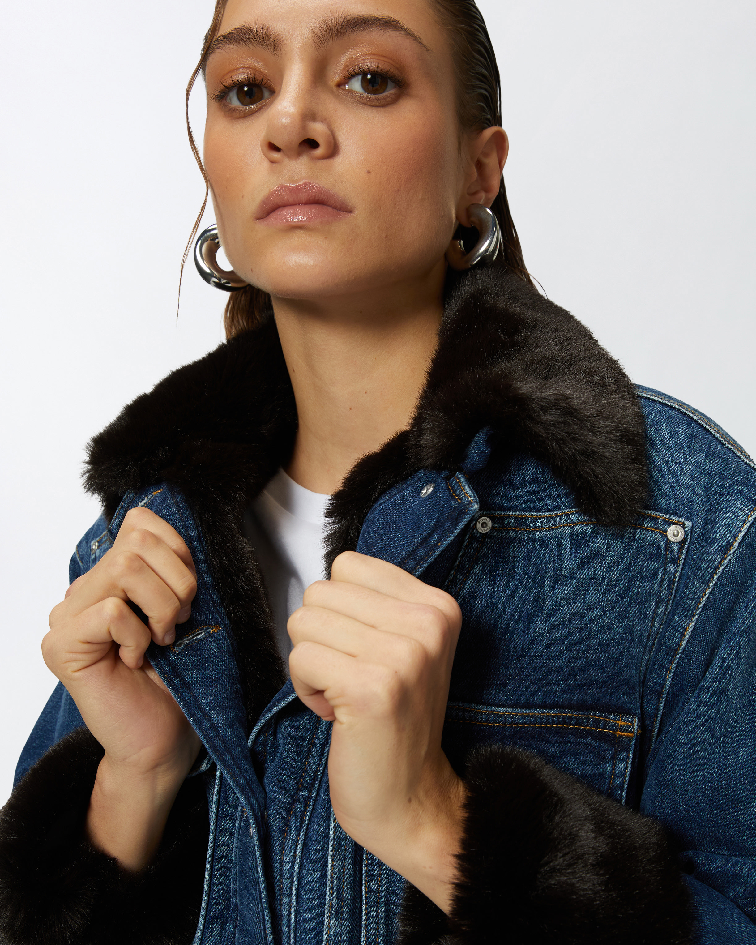 Pinko Blue Denim Overshirt Jacket With Fur-effect Collar In Medium Dark Vintage Wash