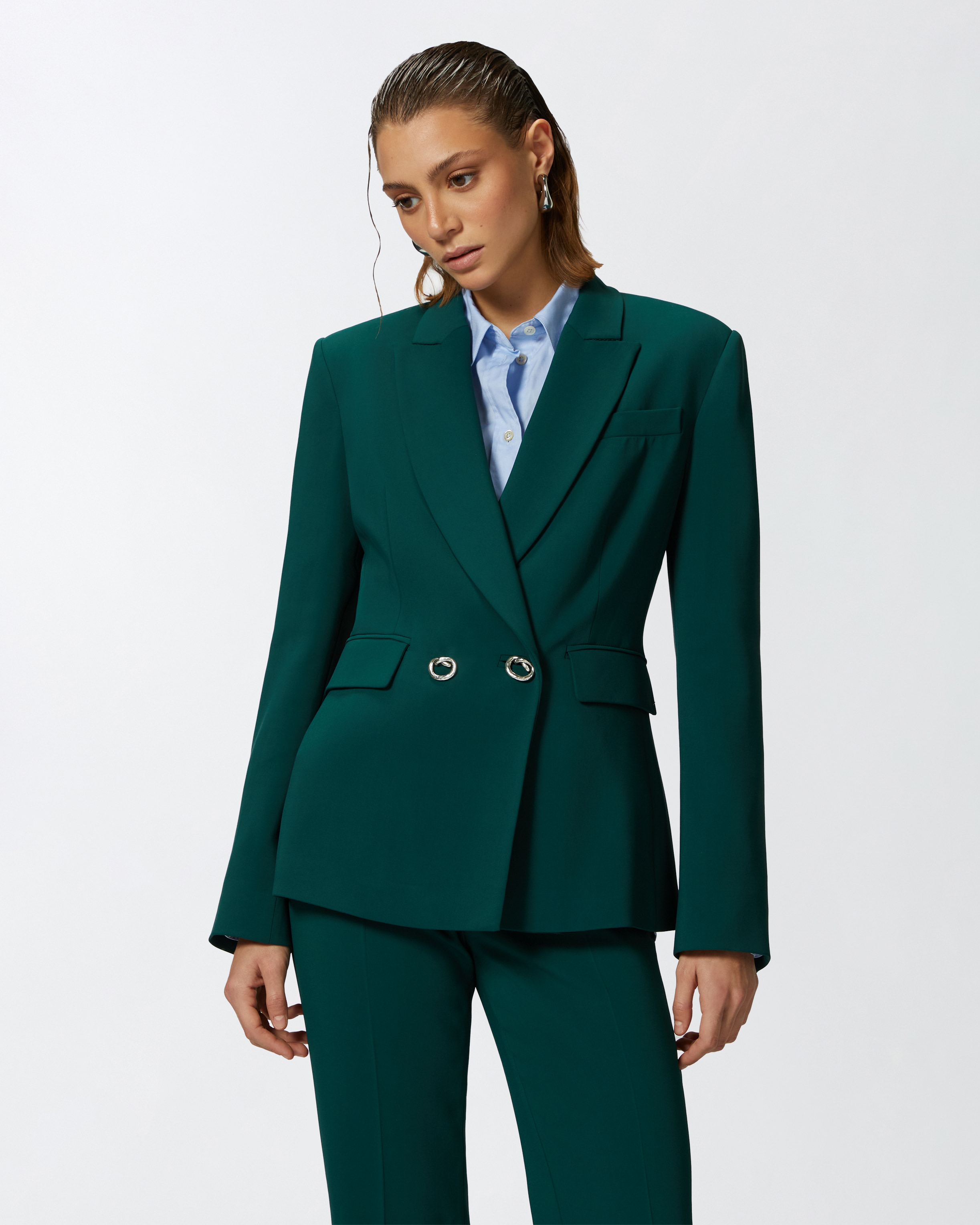 Pinko Double-breasted Cady Blazer With Metal Buttons In Dark Bottle Green