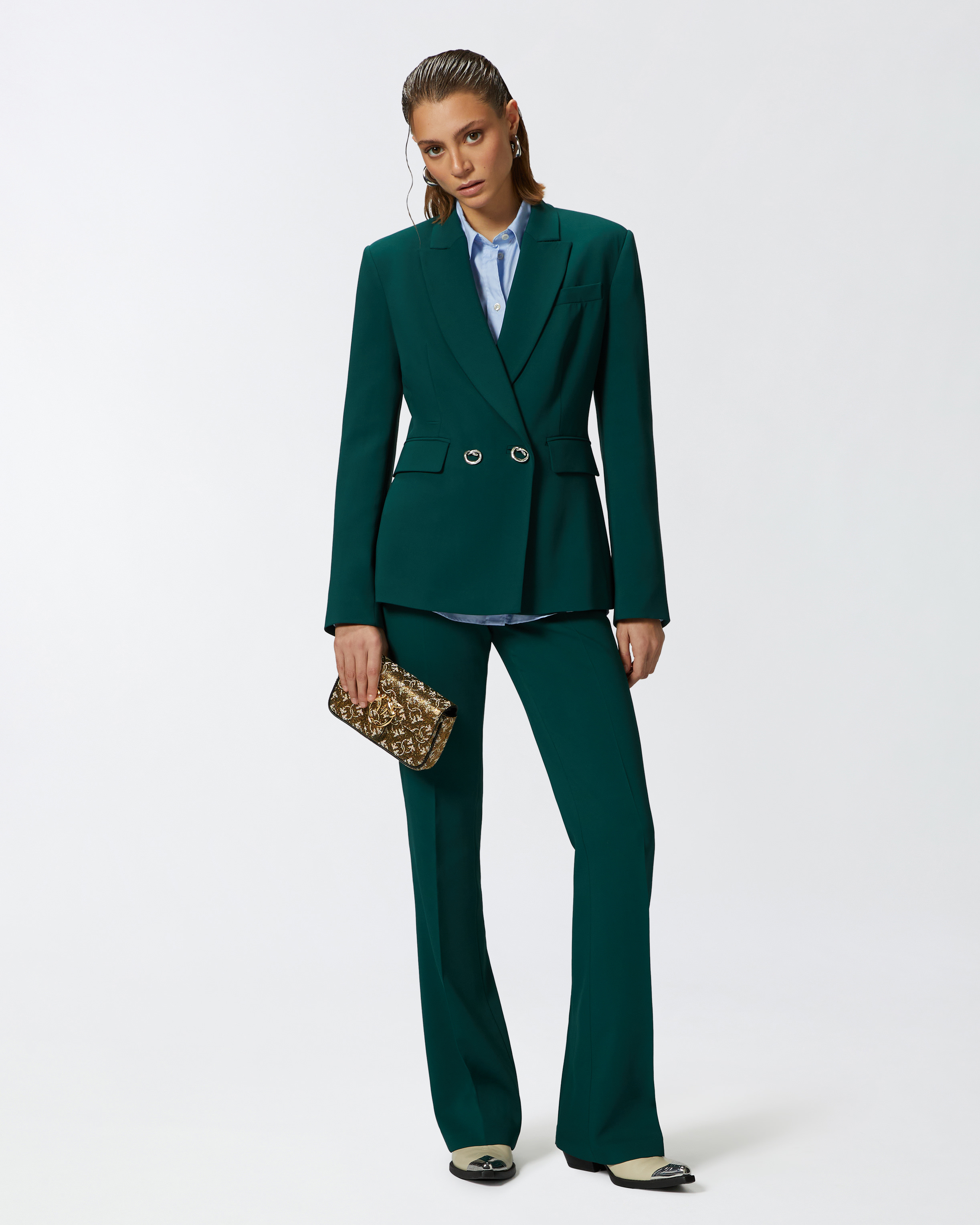 Pinko Double-breasted Cady Blazer With Metal Buttons In Dark Bottle Green