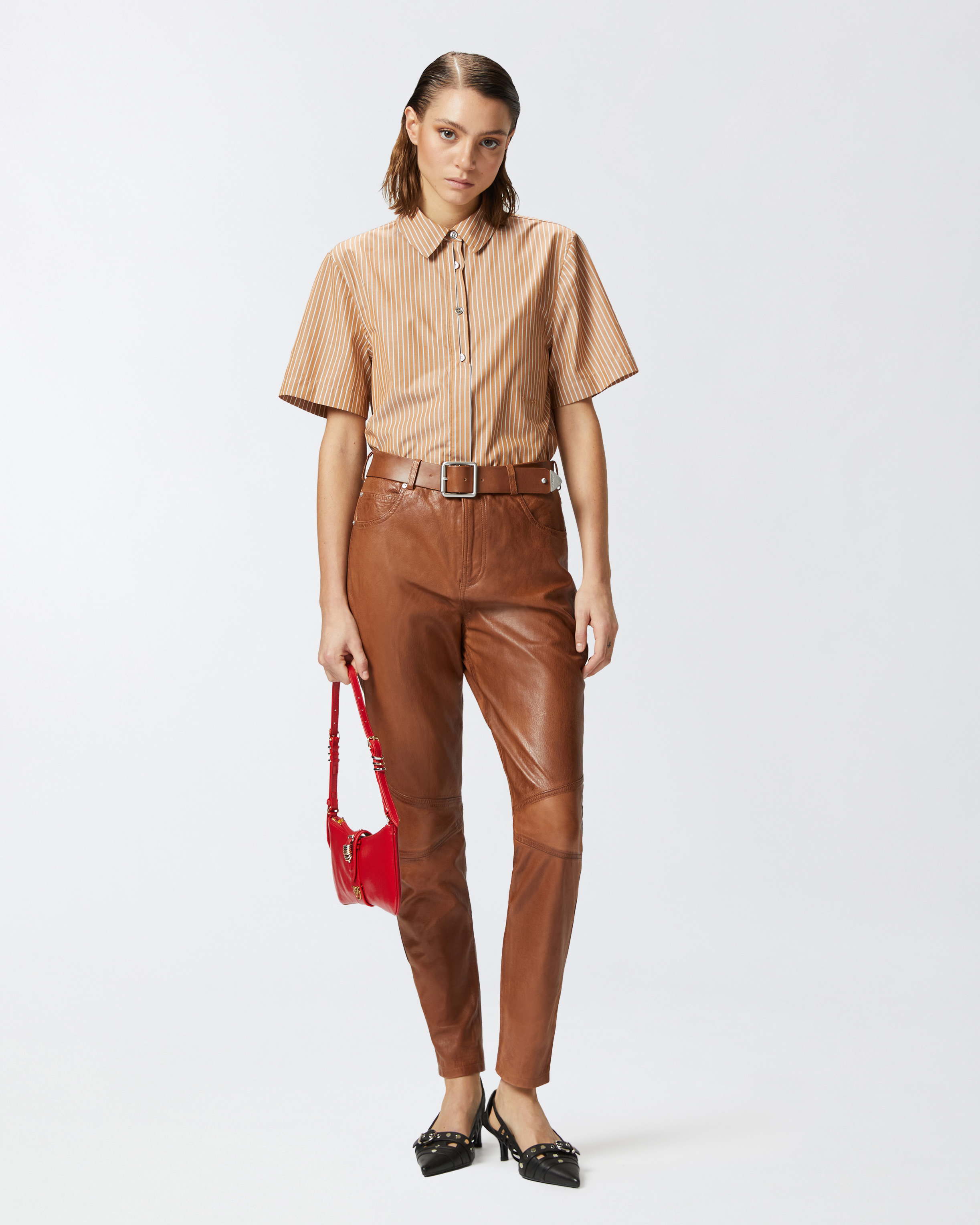 Pinko Leather Trousers With Belt In Bronze Chaud