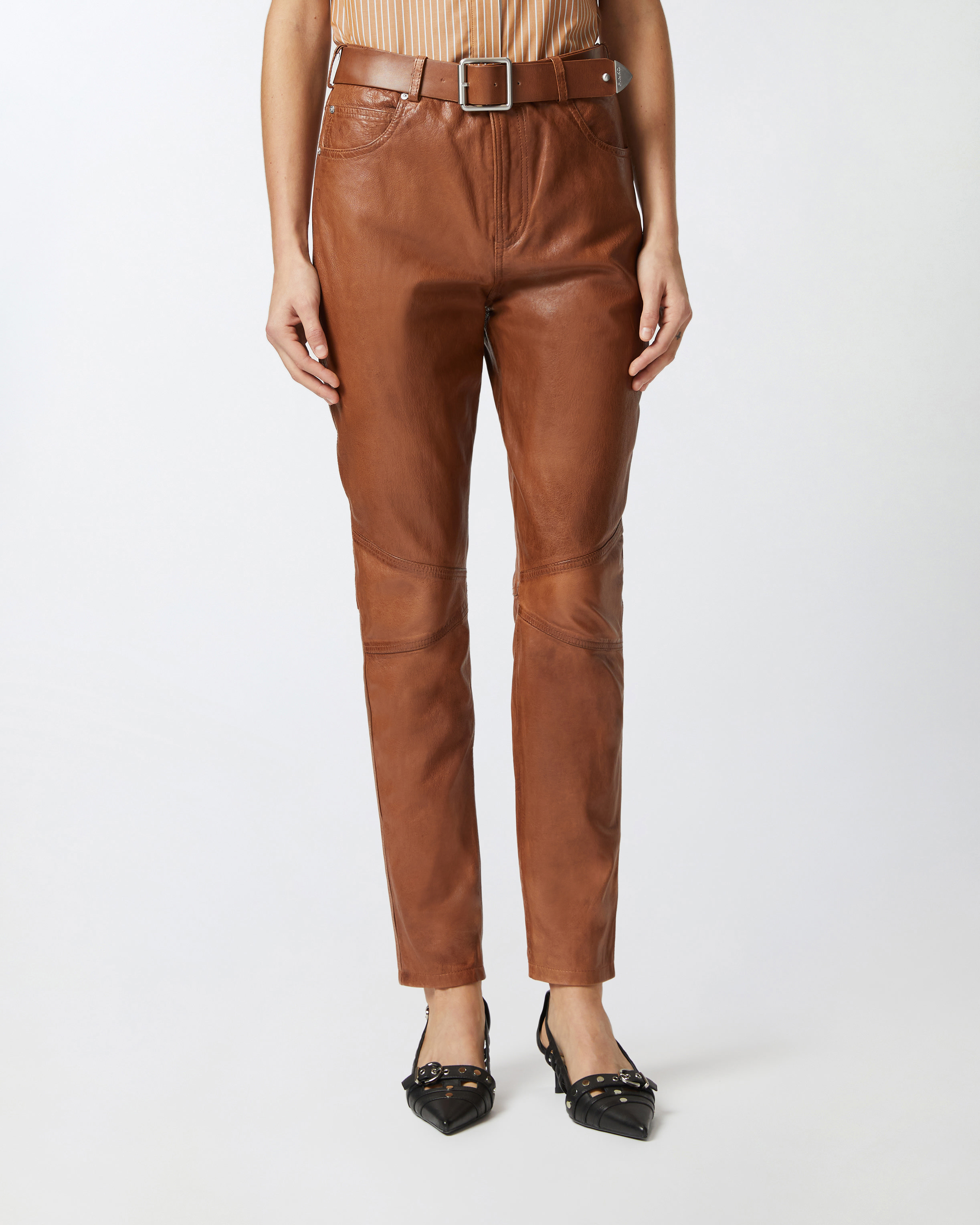 Pinko Leather Trousers With Belt In Bronze Chaud