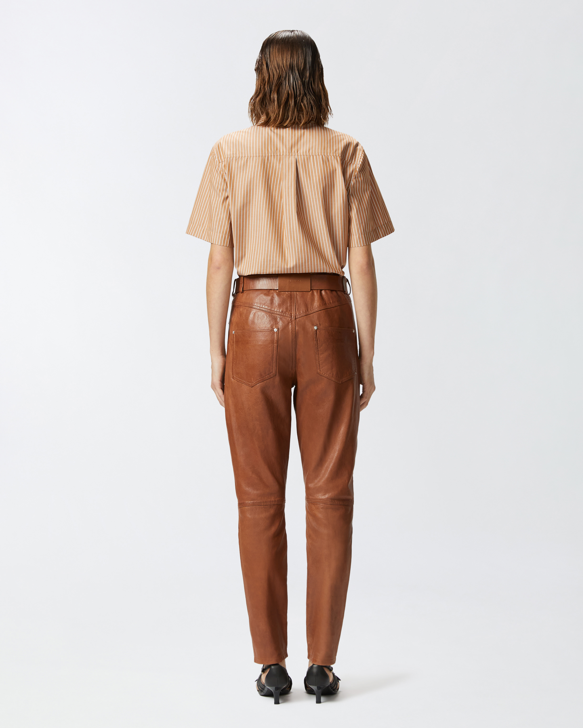 Pinko Leather Trousers With Belt In Bronze Chaud