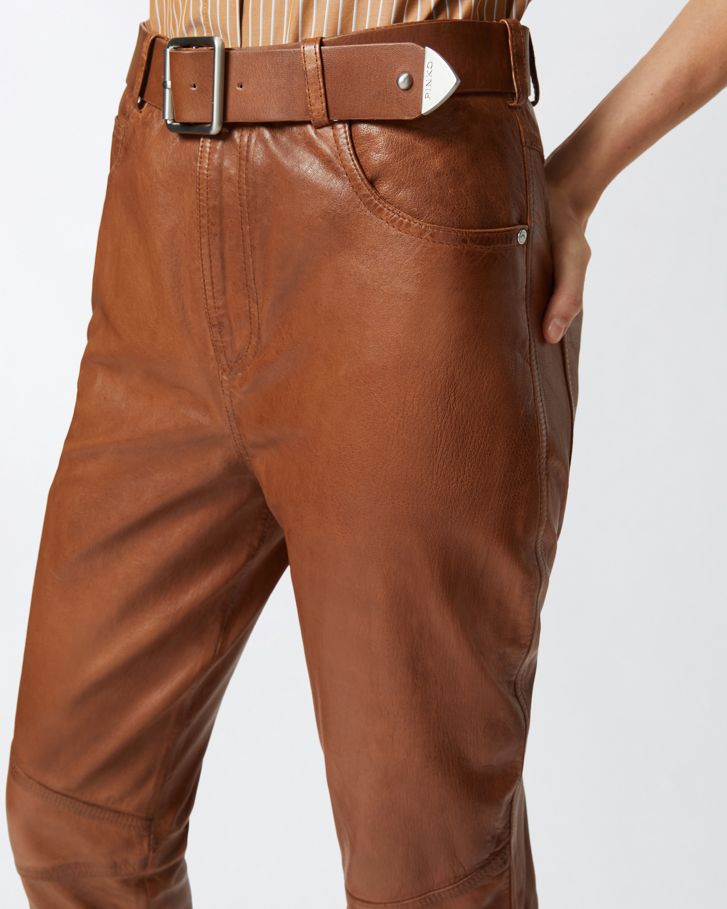 Pinko Leather Trousers With Belt In Bronze Chaud