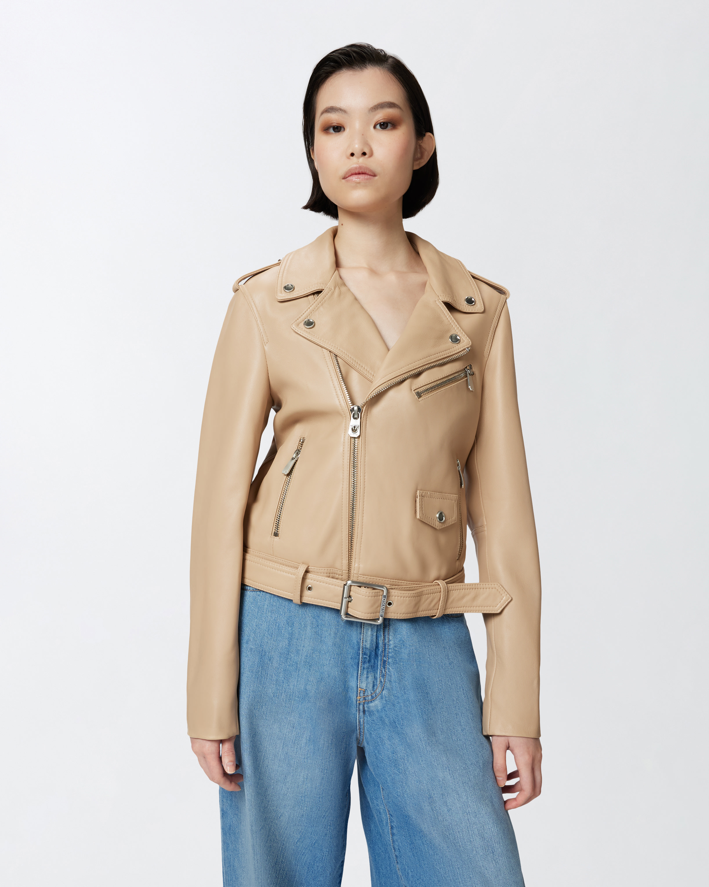 Pinko Blouson De Motard En Cuir Nappa Souple In Neutral