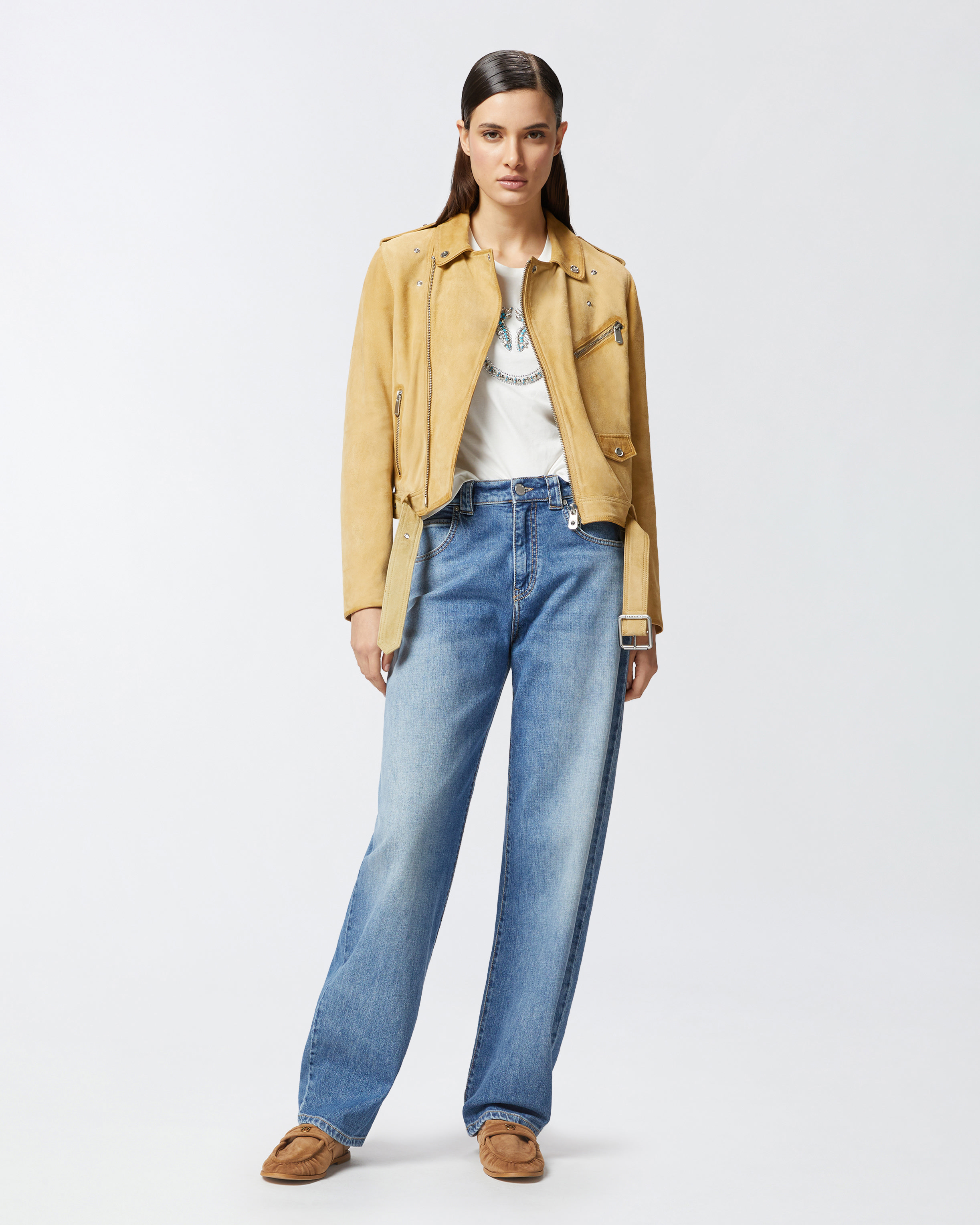 Pinko Suede Biker Jacket In Giallo Antilope