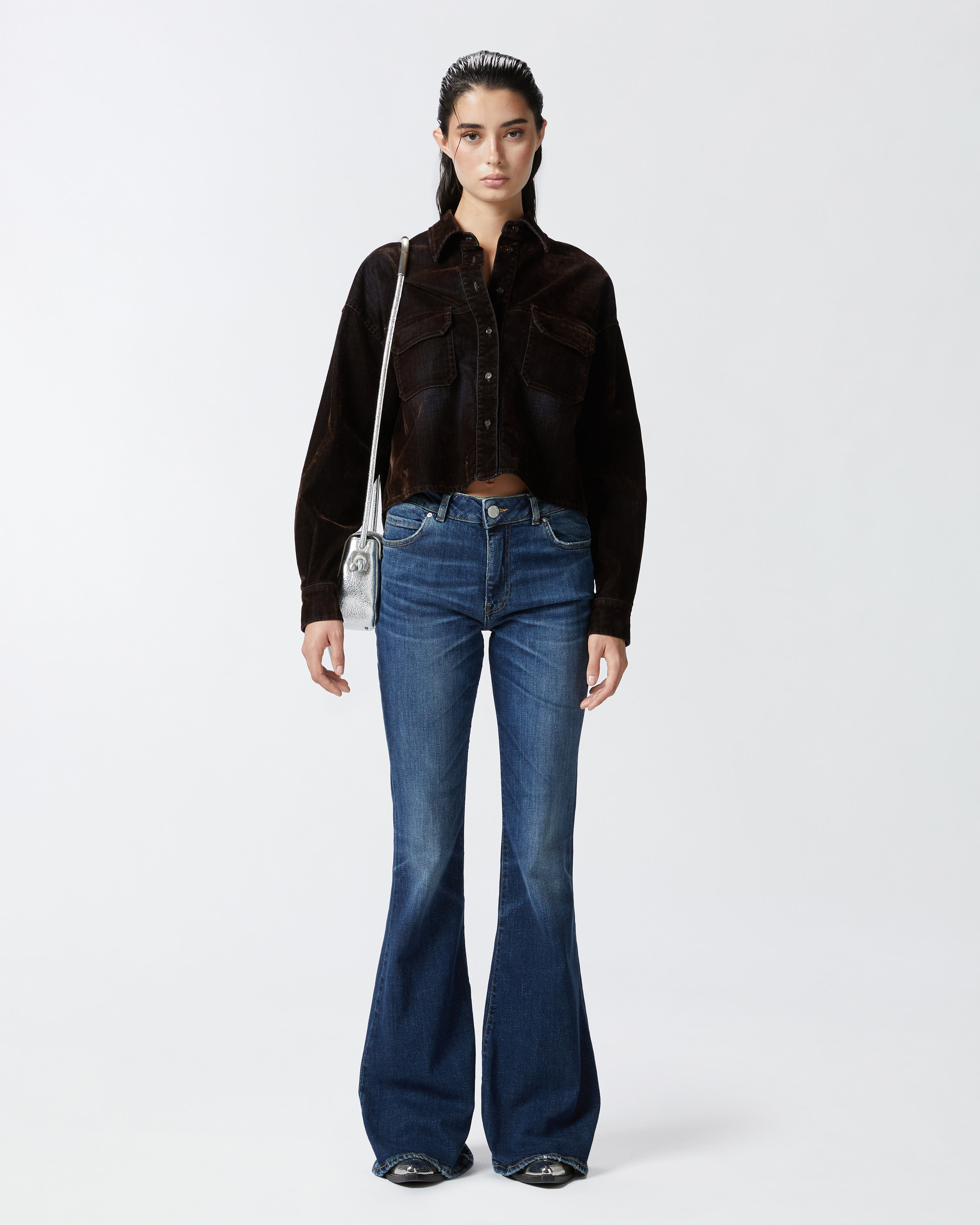 Pinko Dark Blue Wide Flared Jeans In Délavage Vintage Moyen Foncé