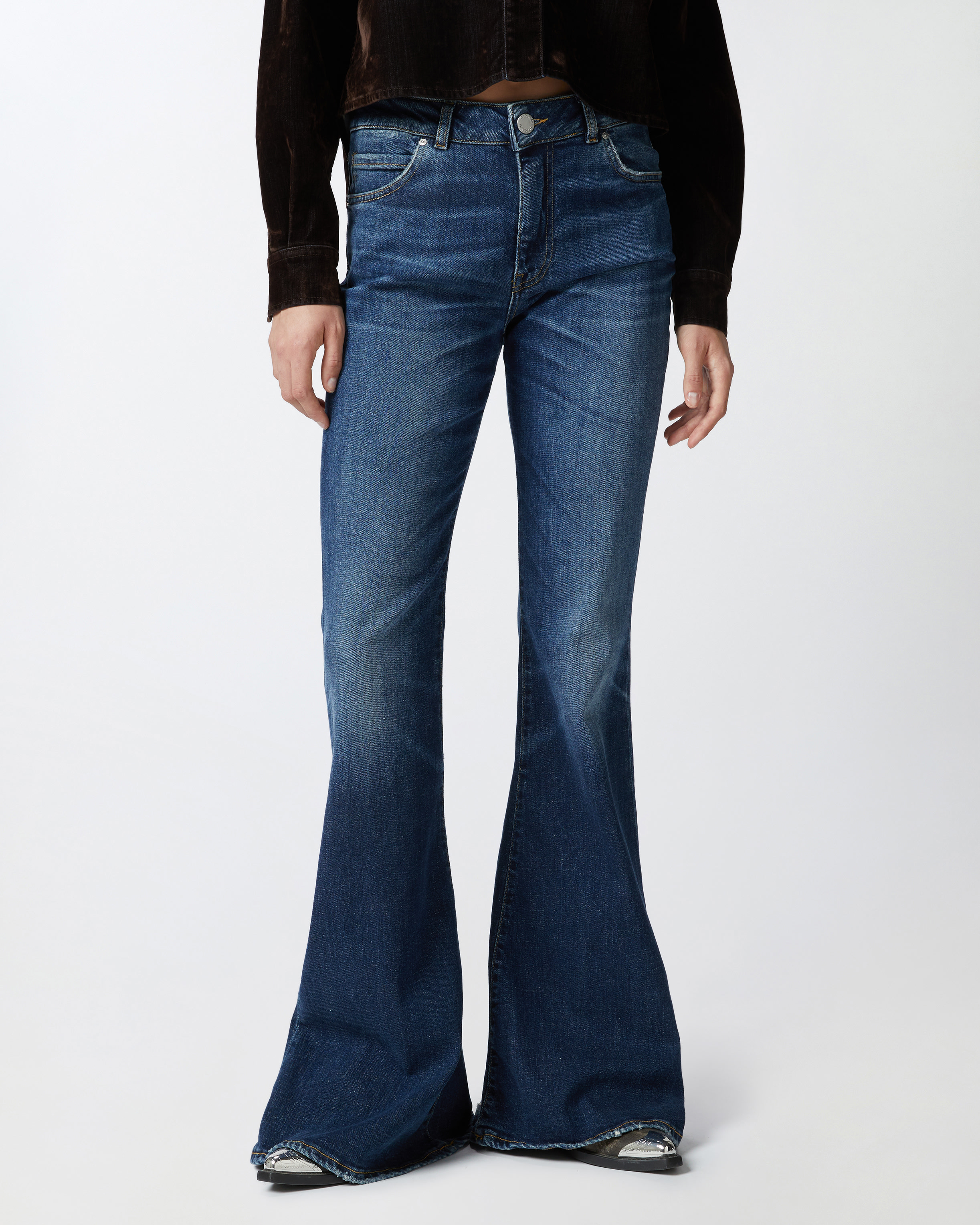 Pinko Dark Blue Wide Flared Jeans In Délavage Vintage Moyen Foncé