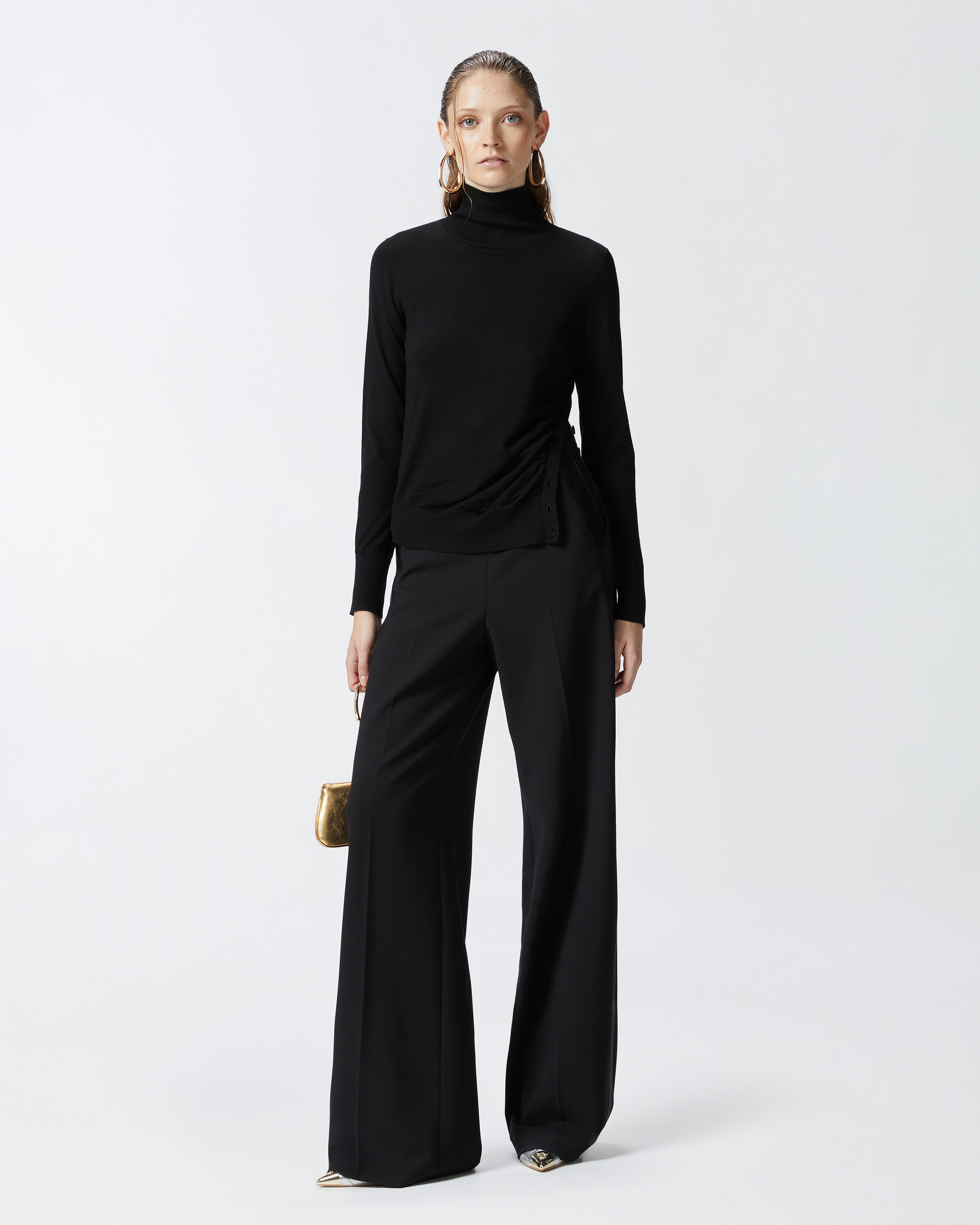 Pinko Fitted Ribbed Turtleneck Sweater With Decorative Buttons In Black