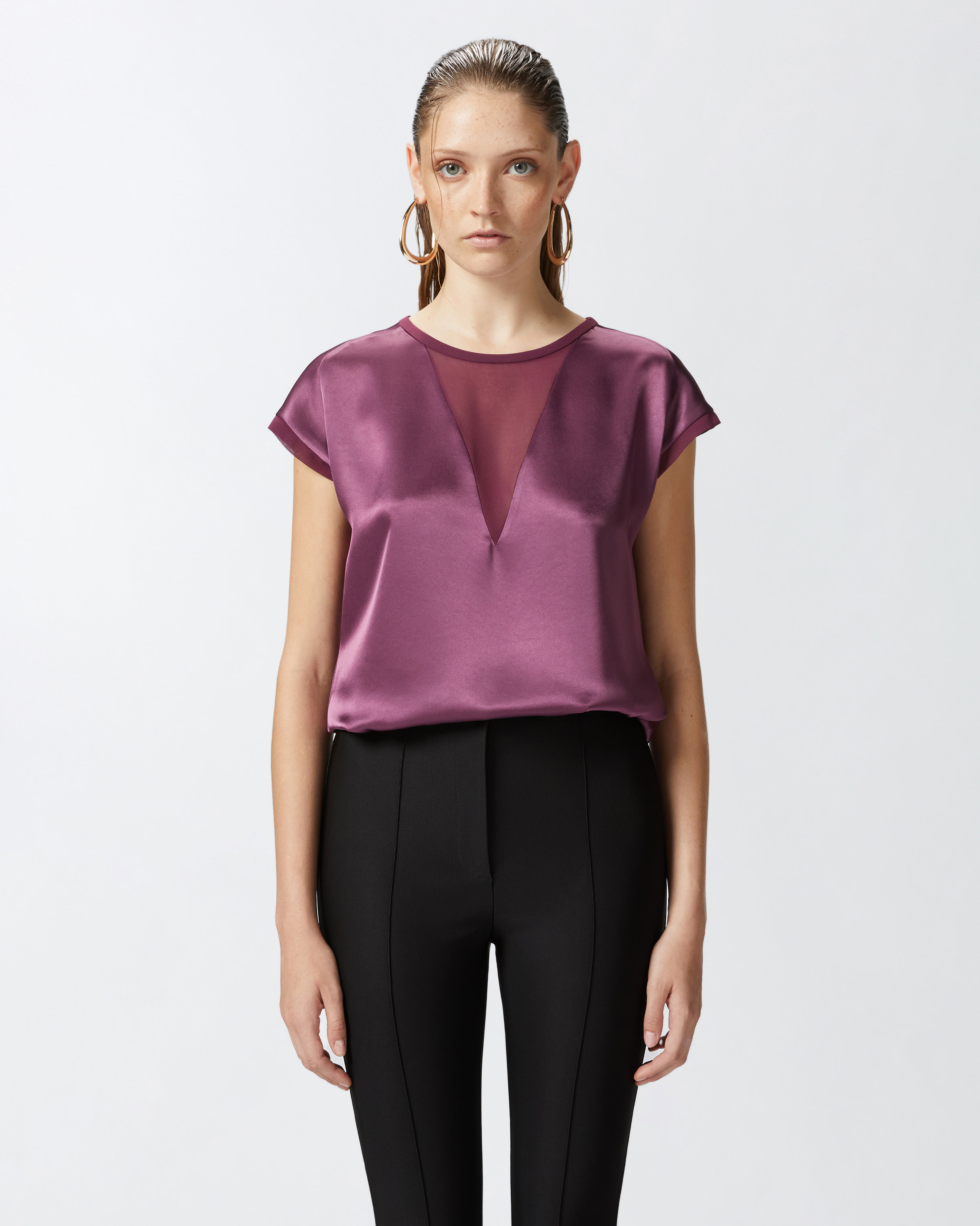 Блузка-футболка из атласа и жоржета - ФИОЛЕТОВЫЙ - large