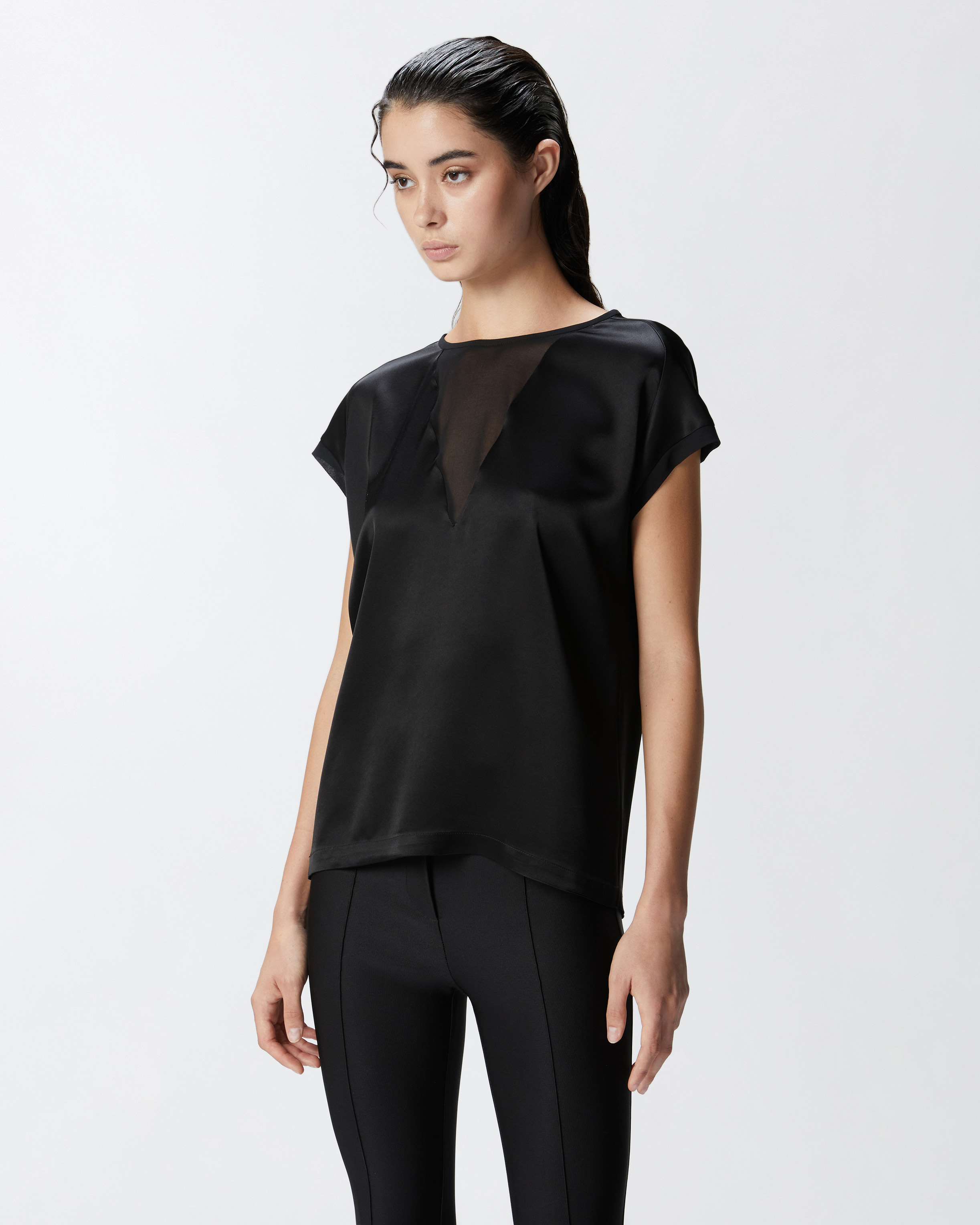 Блузка-футболка из атласа и жоржета - ЧЕРНЫЙ - large