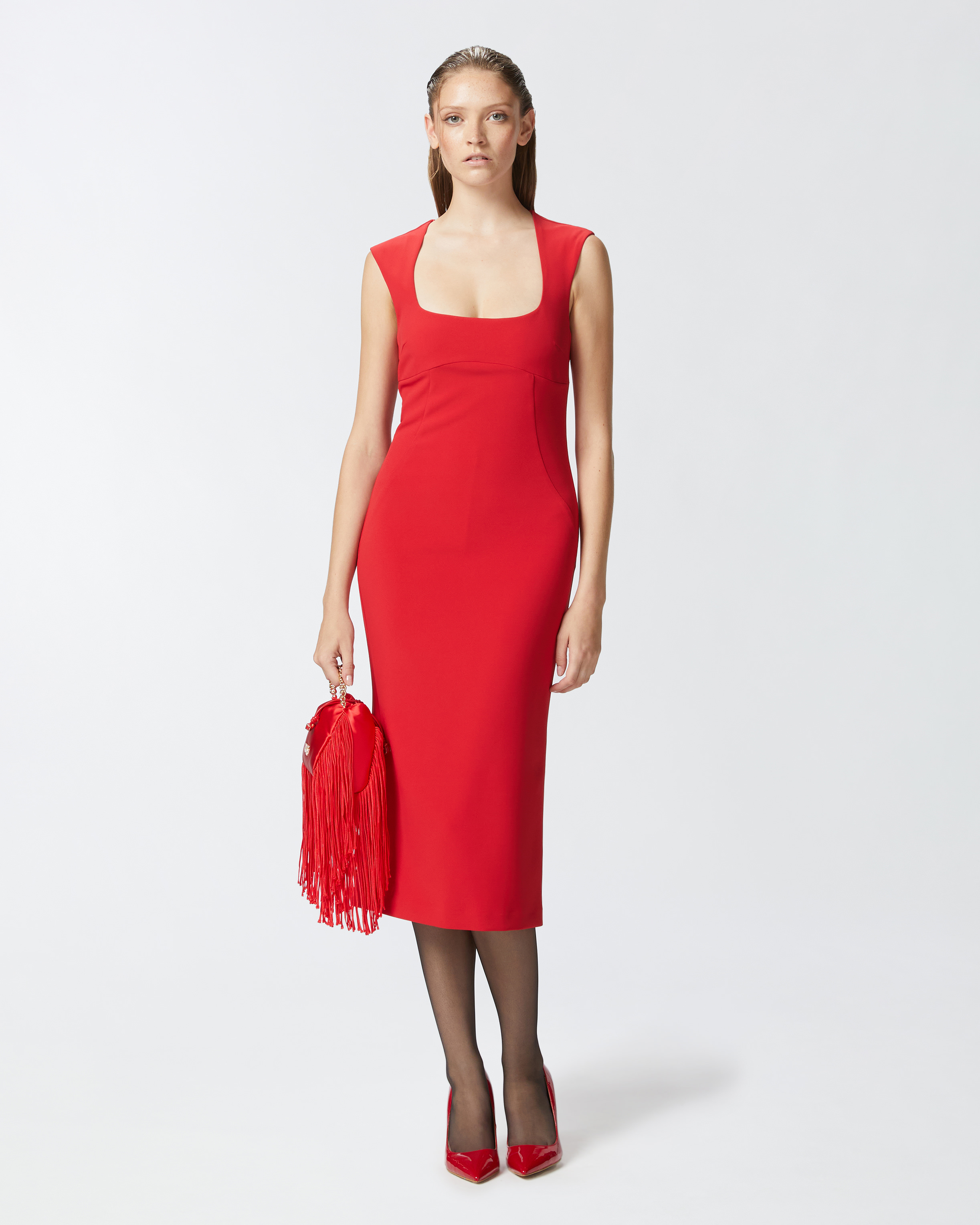 Pinko Crepe Zip Midi Dress In Salsa Red