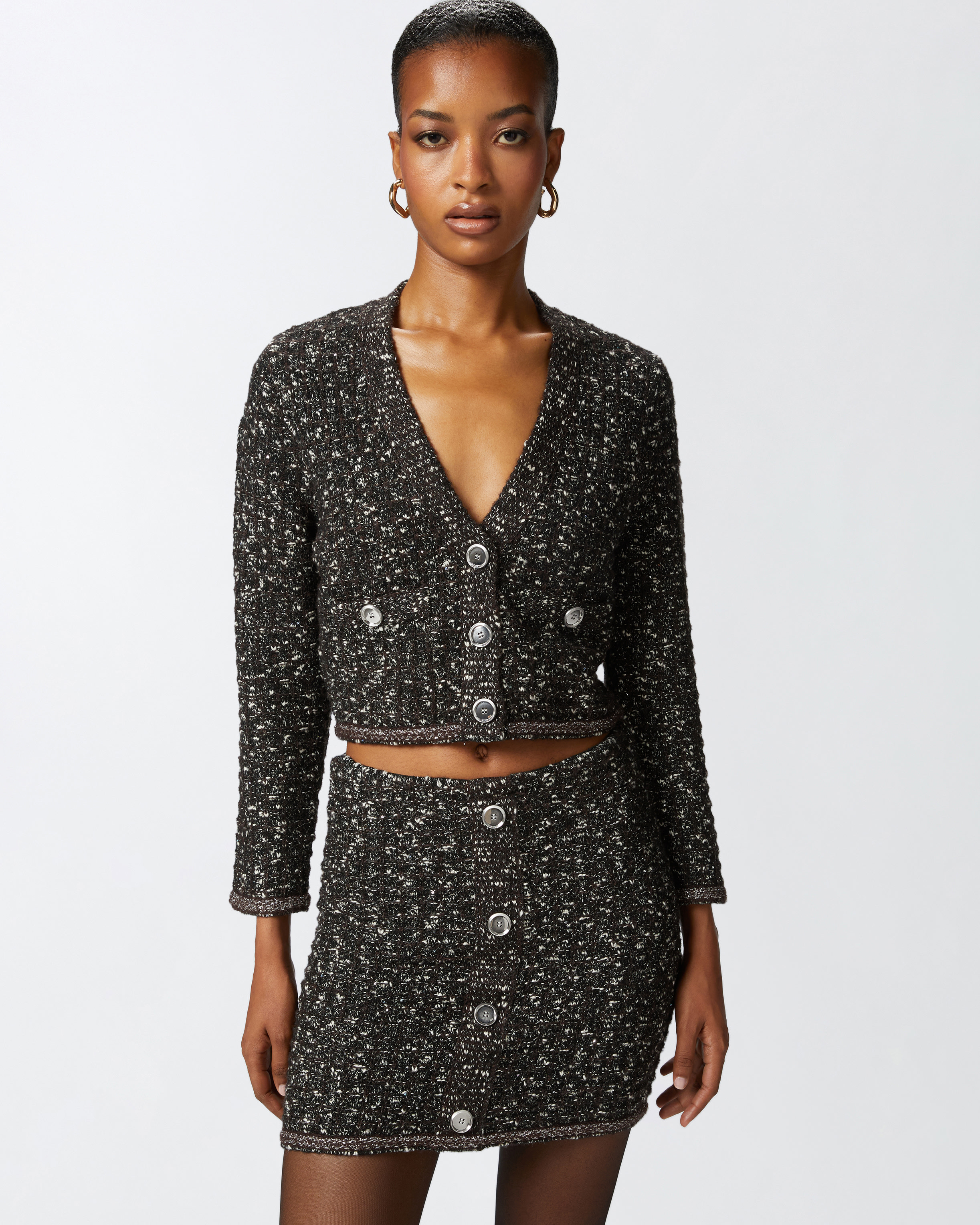 Pinko Sequined Short Cardigan With V-neck In Noir/marron/blanc
