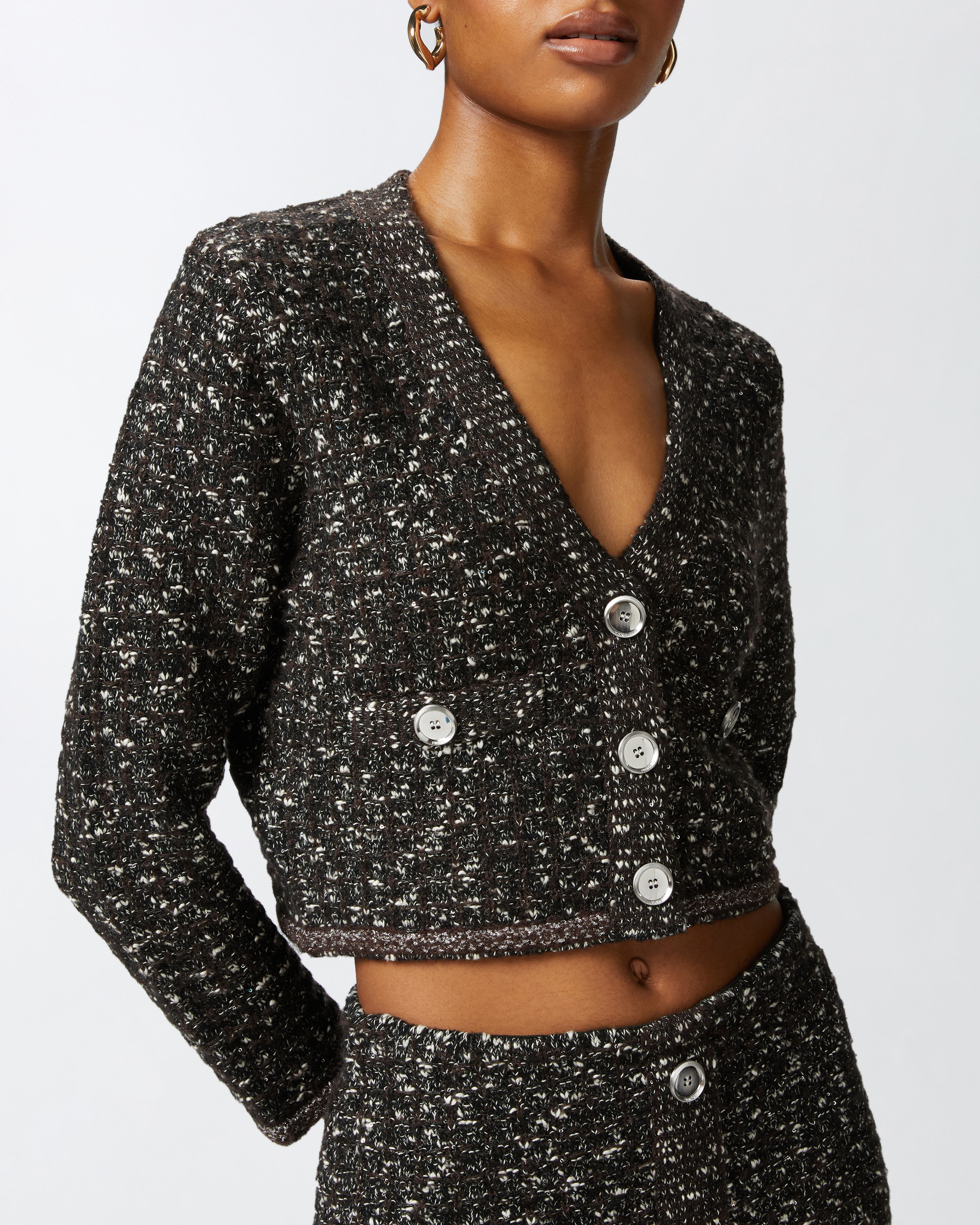 Pinko Sequined Short Cardigan With V-neck In Noir/marron/blanc