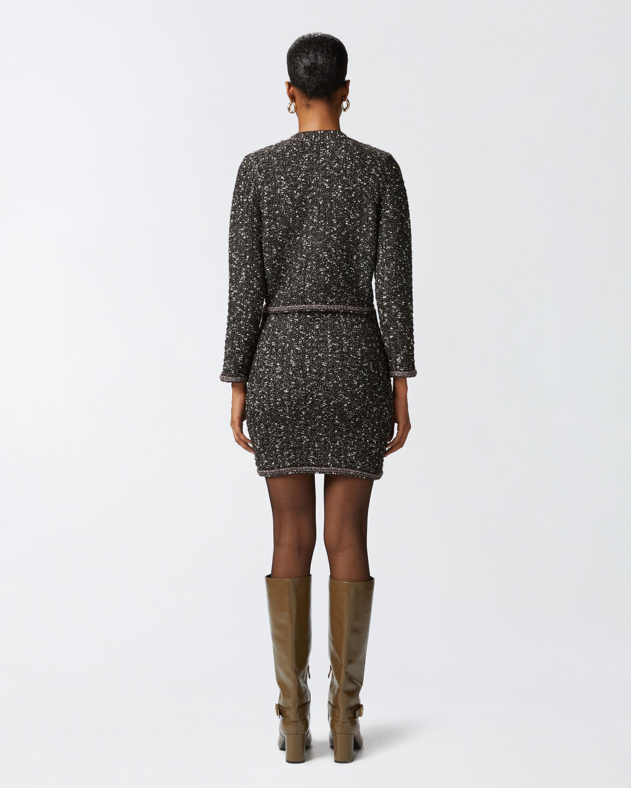 Pinko Bouclé Knit Mini Skirt With Sequins In Black/brown/white