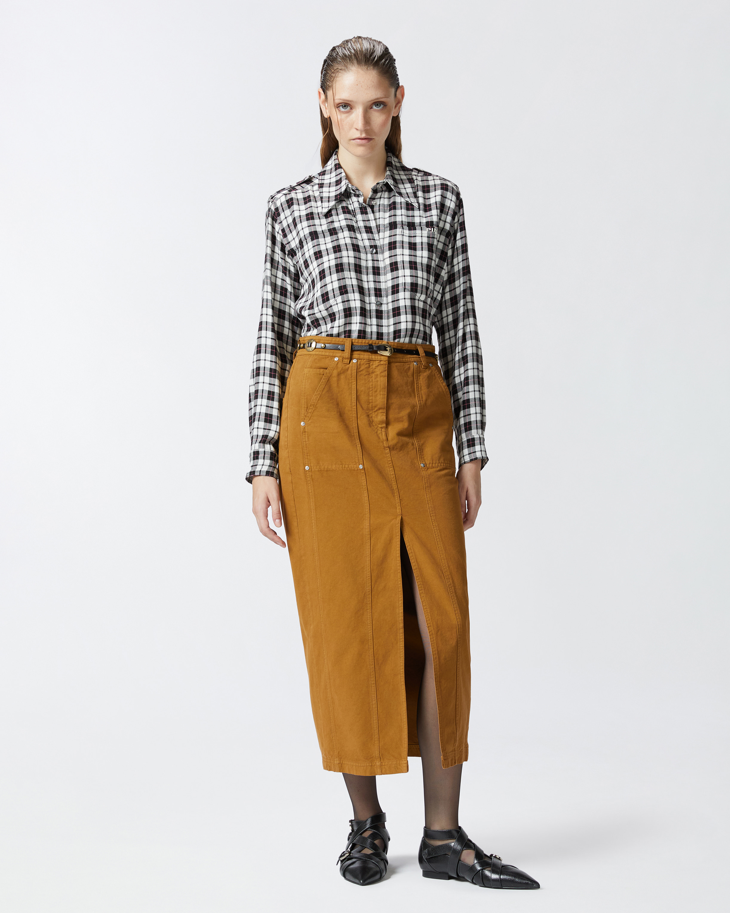 Длинная хлопковая юбка в рабочем стиле - КОРИЧНЕВЫЙ - large