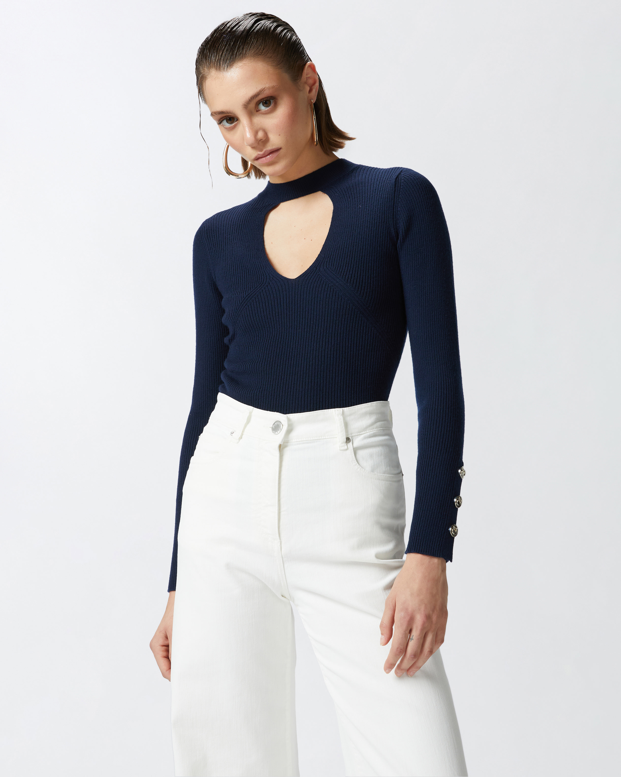 Джемпер из шерсти в рубчик - СИНИЙ - large