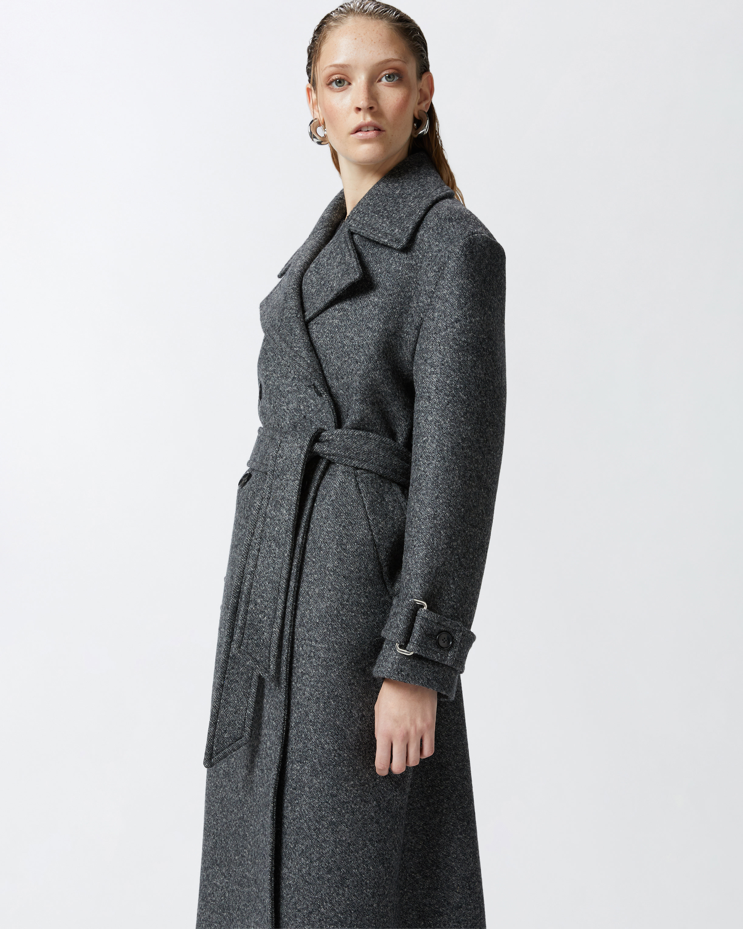 Pinko Trench Coat With Belt In Grey - Pewter