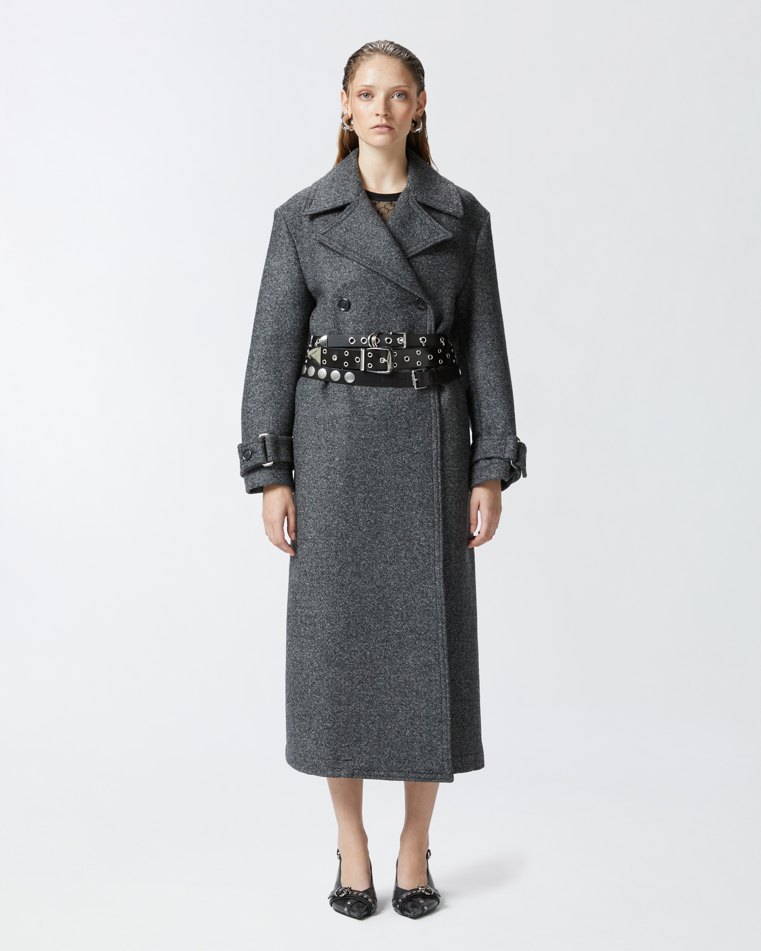 Pinko Trench Coat With Belt In Grey - Pewter