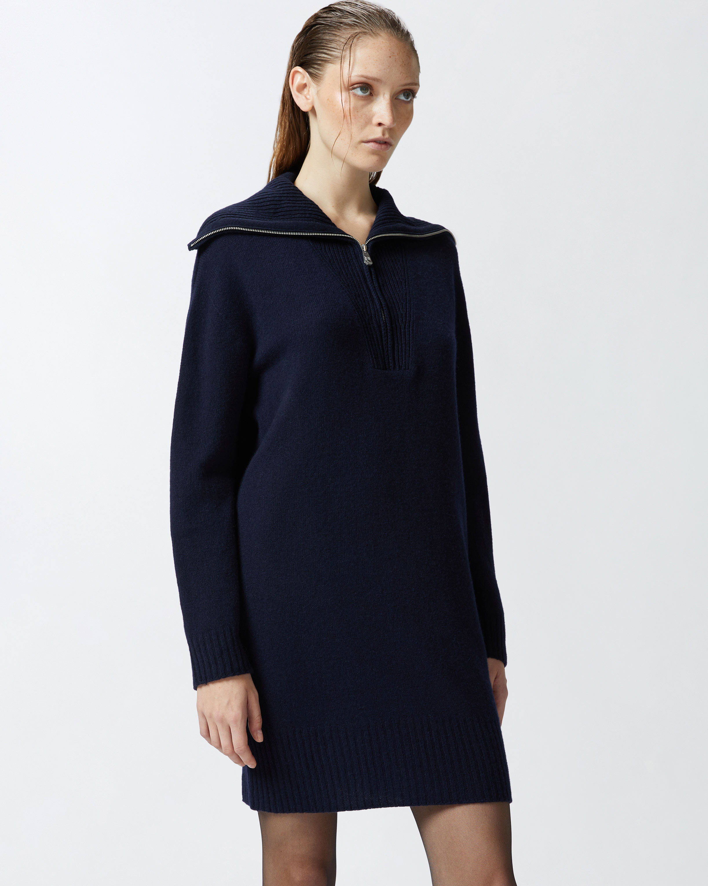 Мини-платье из шерсти и кашемира с высоким воротом - СИНИЙ - large