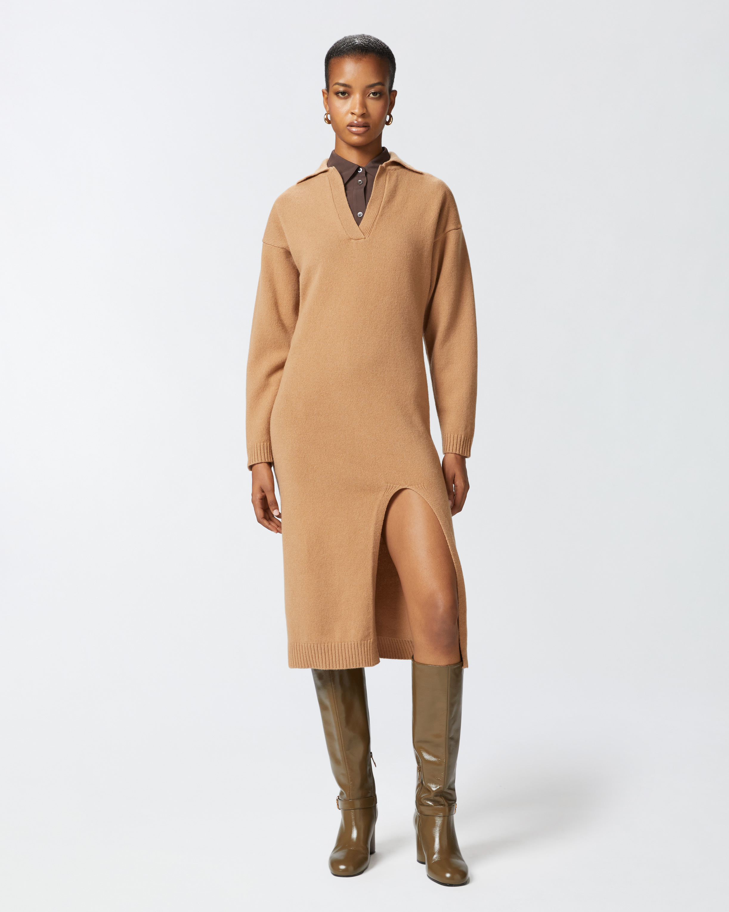 Длинное трикотажное платье из смесового кашемира - БЕЖЕВЫЙ - large