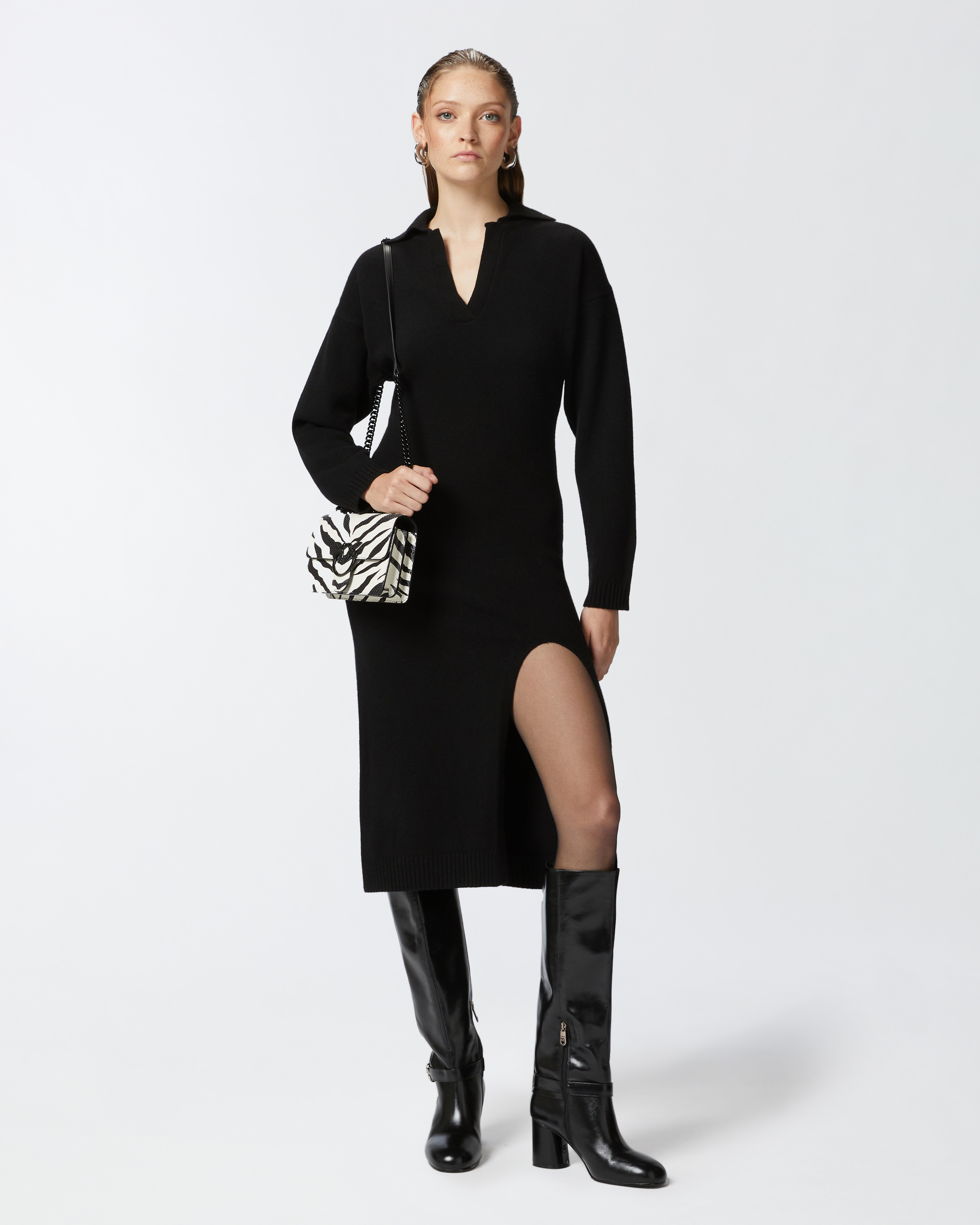 Длинное трикотажное платье из смесового кашемира - ЧЕРНЫЙ - large