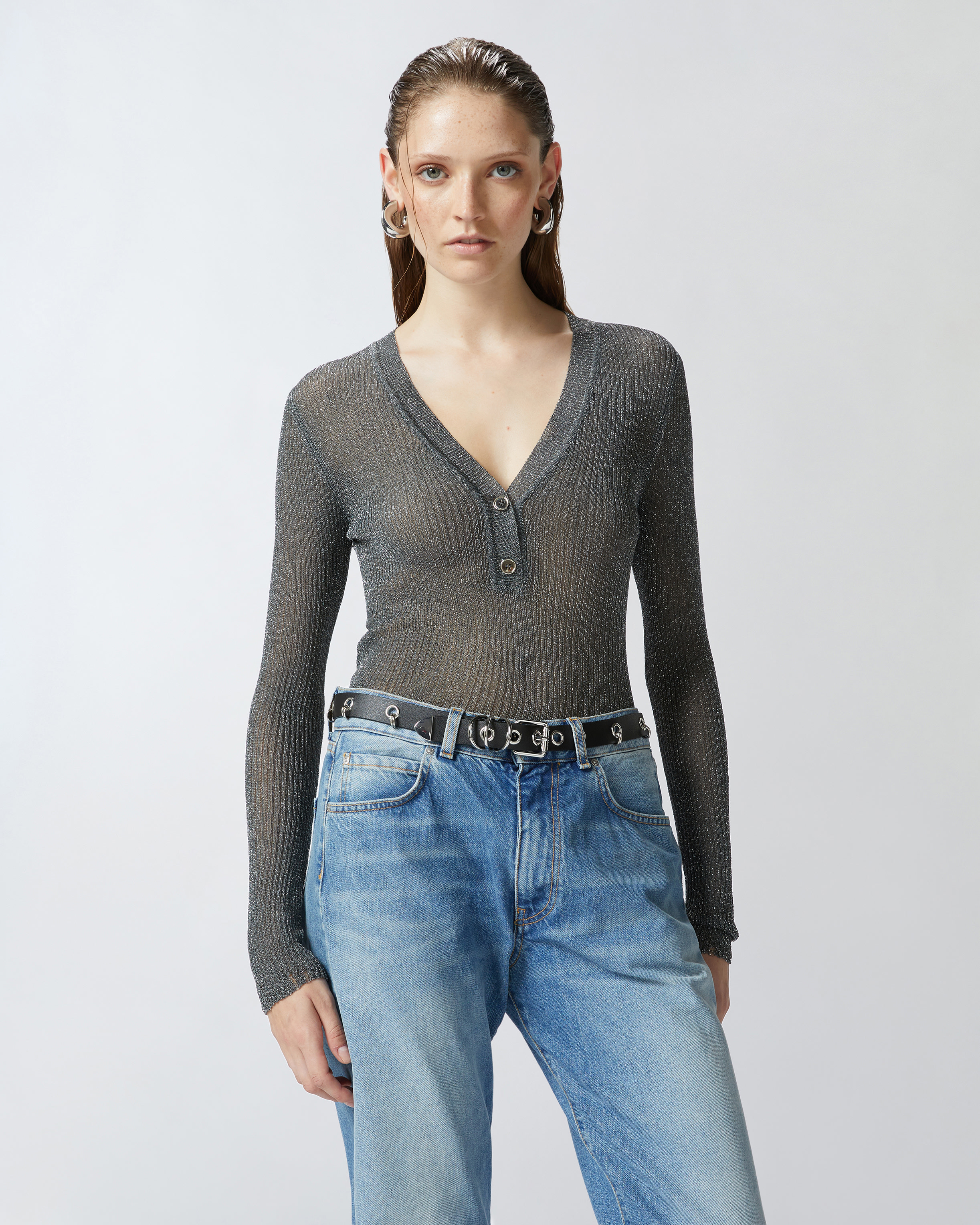 Легкий джемпер в рубчик с длинными рукавами - СЕРЫЙ, multicolor, silver - large