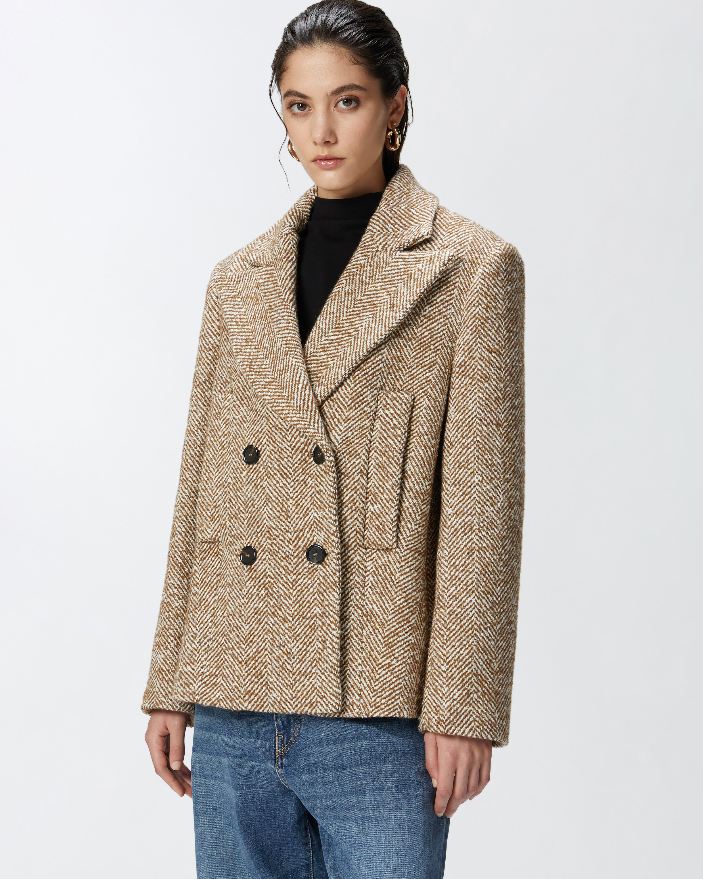 Двубортное полупальто-бушлат в елочку - БЕЖЕВЫЙ - large