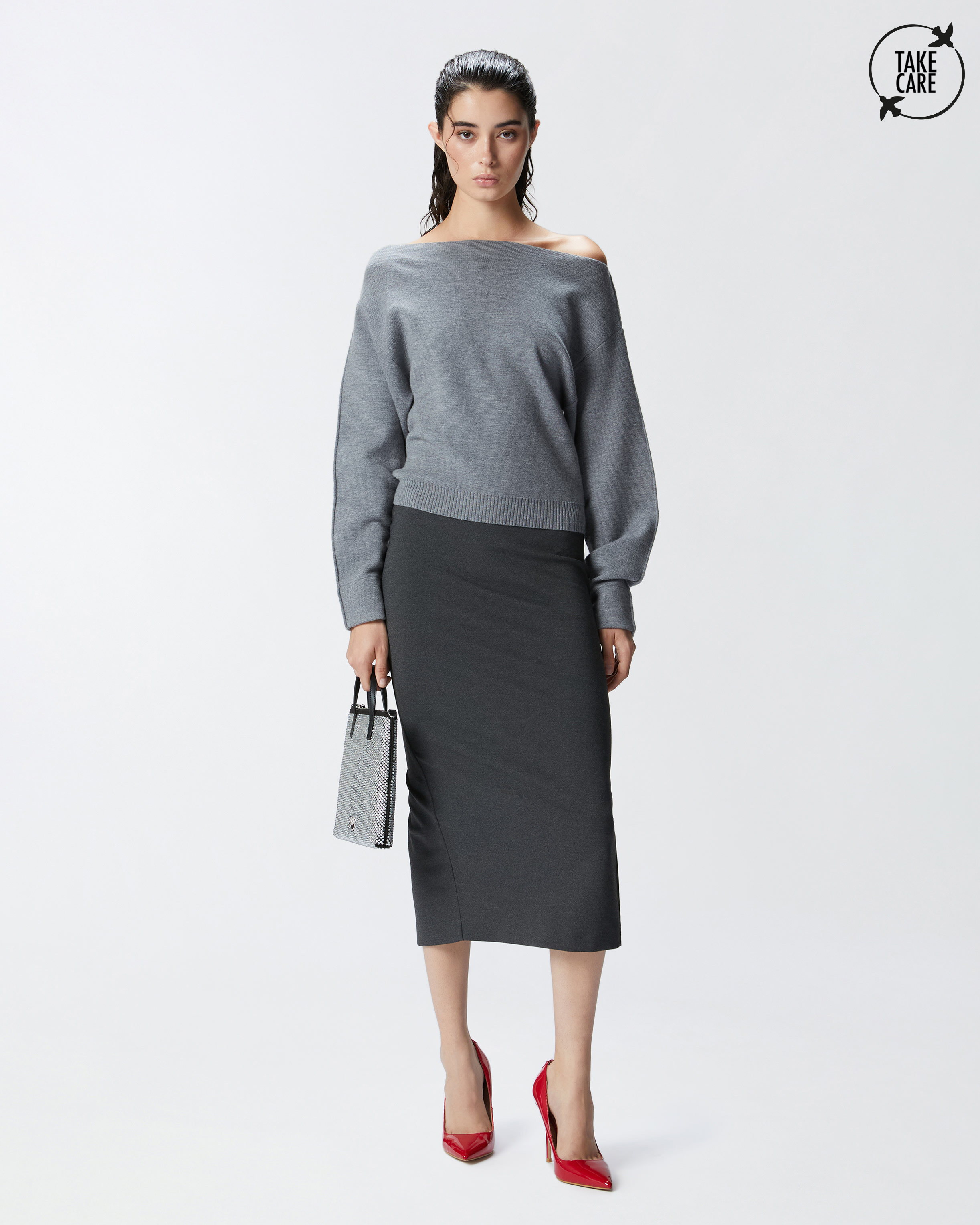 Длинная юбка-карандаш с разрезом - СЕРЫЙ - large