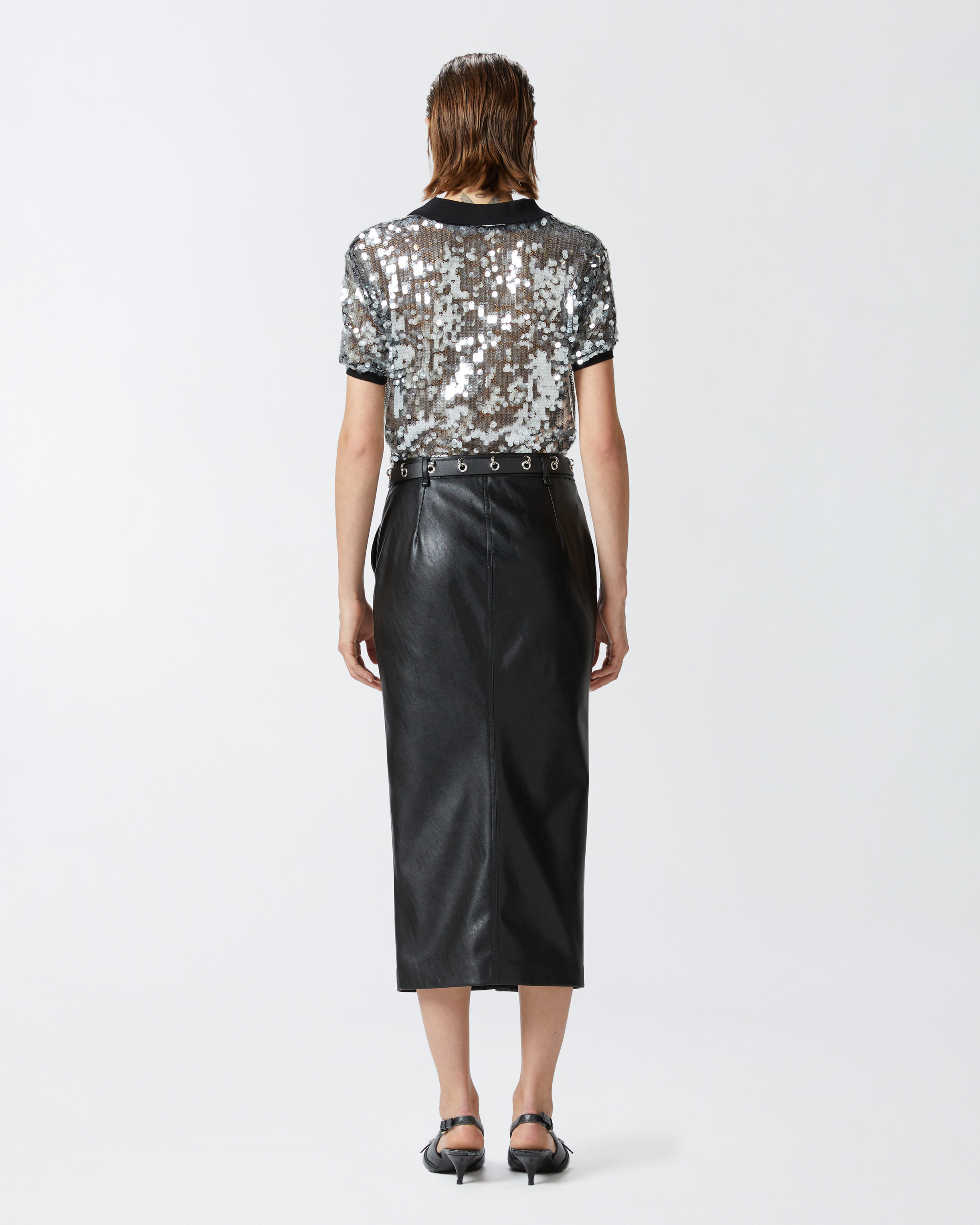 Pinko Leather-effect Midi Skirt With Slit In Limo Black