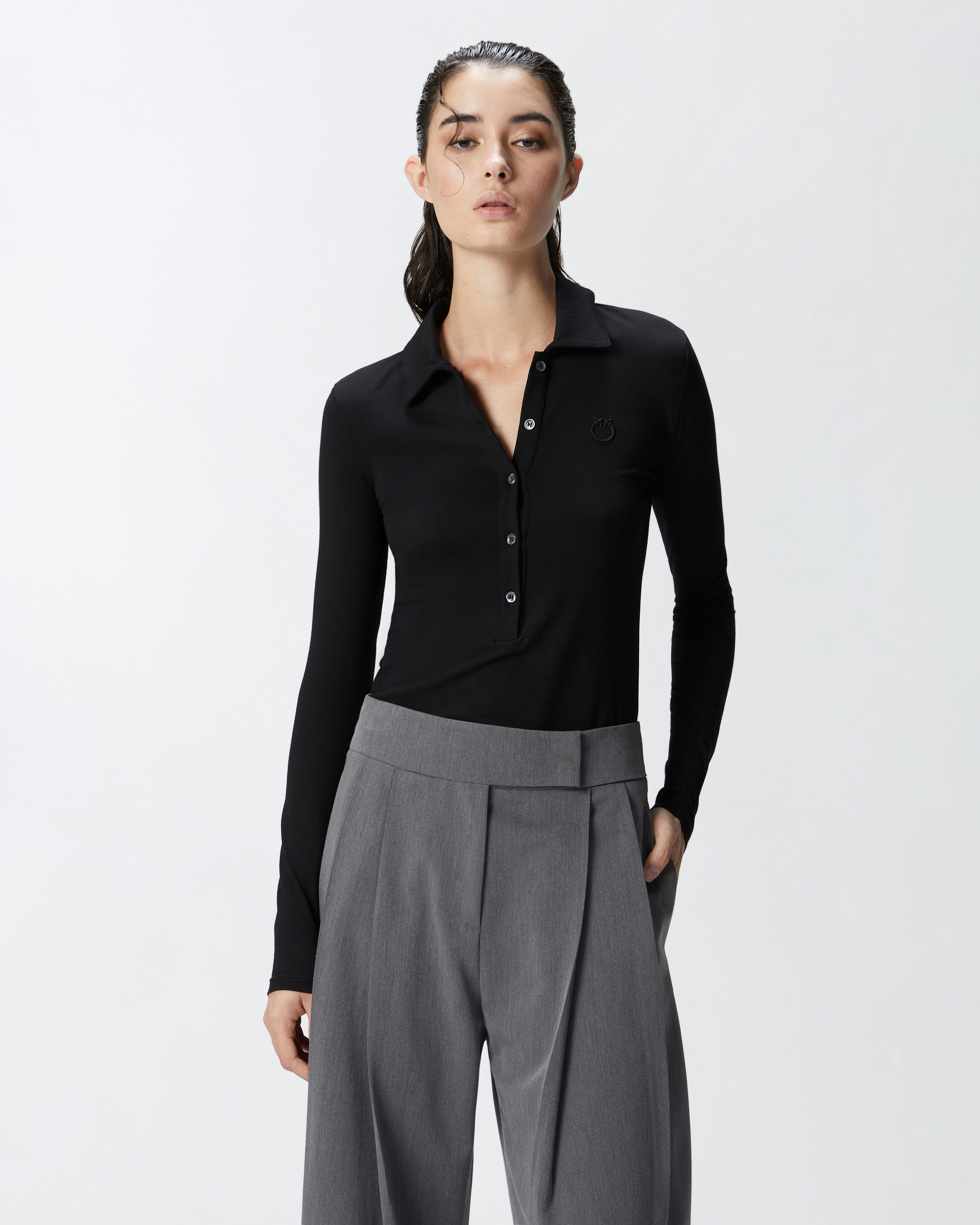 Лонгслив поло с вышитым логотипом - ЧЕРНЫЙ - large